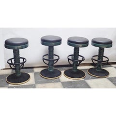 Set of 4 Mid-Century Modern Black and Green Swivel Bar Stools