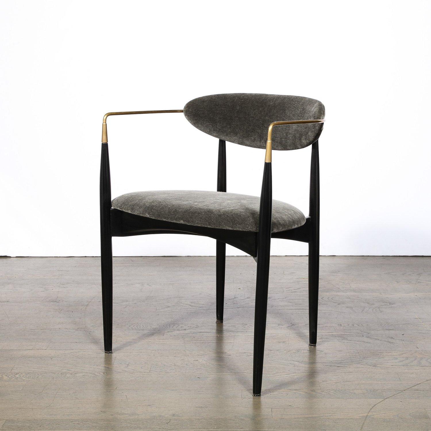 Mid-20th Century Set of 4 Mid-Century Modernist Chairs in Walnut with Brass Arms by Kofod-Larsen