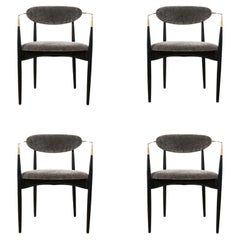 Set of 4 Mid-Century Modernist Chairs in Walnut with Brass Arms by Kofod-Larsen