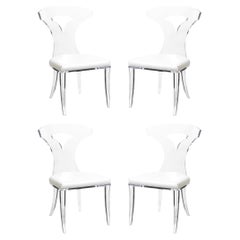 Set of 4 Mid-Century Modernist Klismos Lucite Chairs W/ White Leather Upholstery