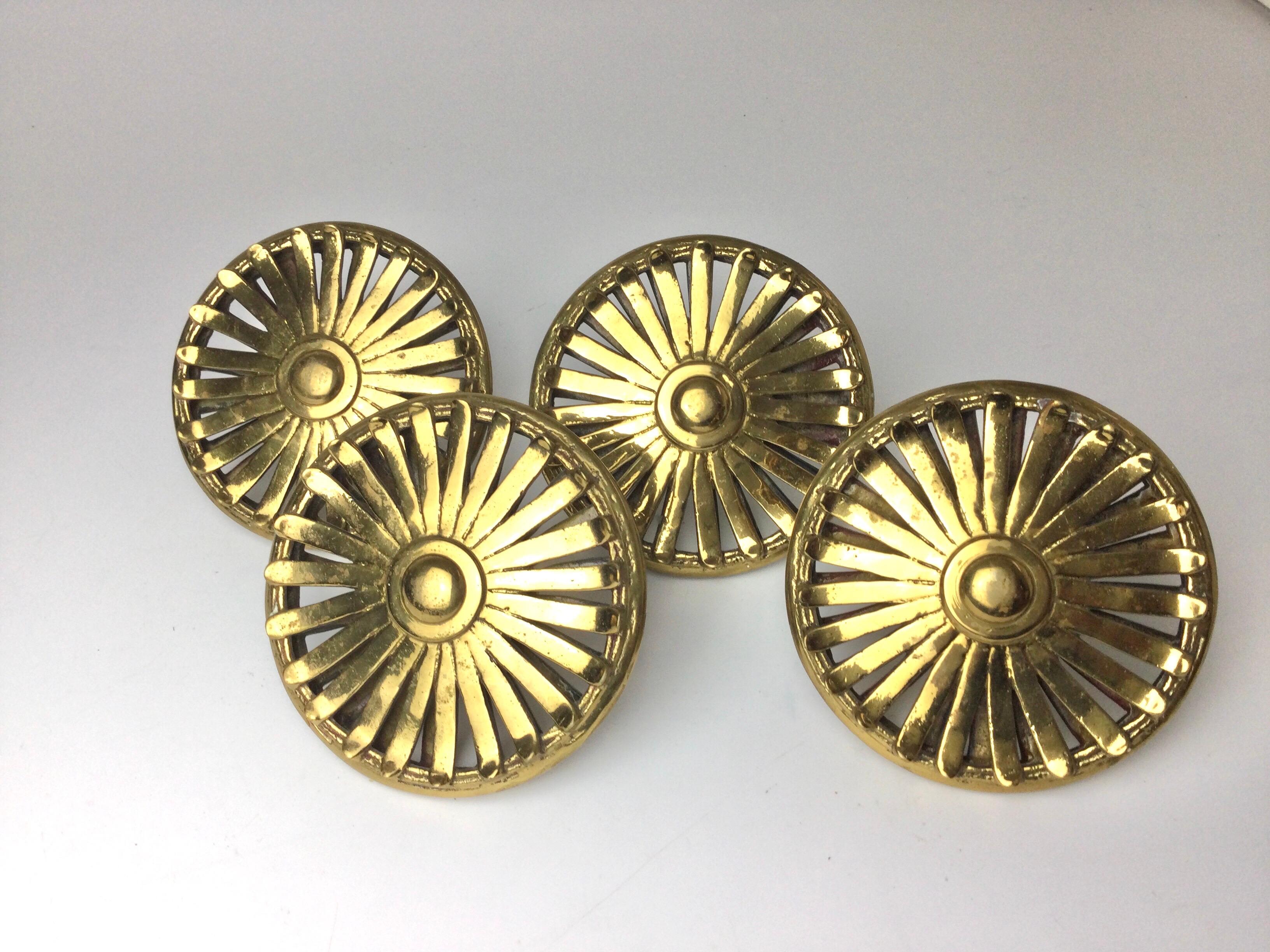 Set of 4 mid century oversized 1950's round brass door pulls. Came of a set of bi-fold closet doors of a 1950's home that was being remodeled. Oversized 5' in diameter.