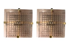 Set of 2 Midcentury Pink Murano Glass and Brass Wall Sconces