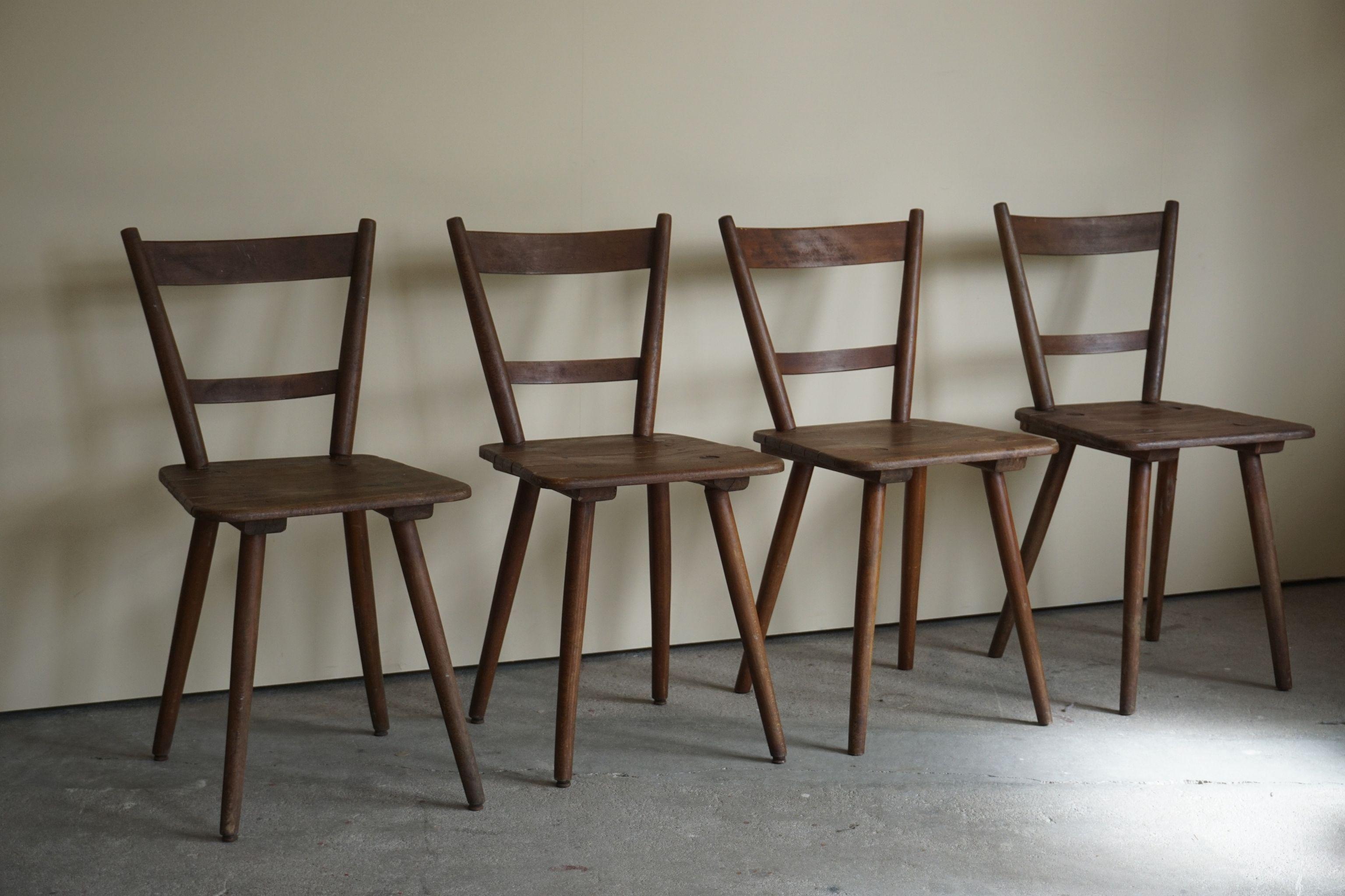 Rustic Set of 4 Mid Century Primitive French Dining Chairs, 1950s