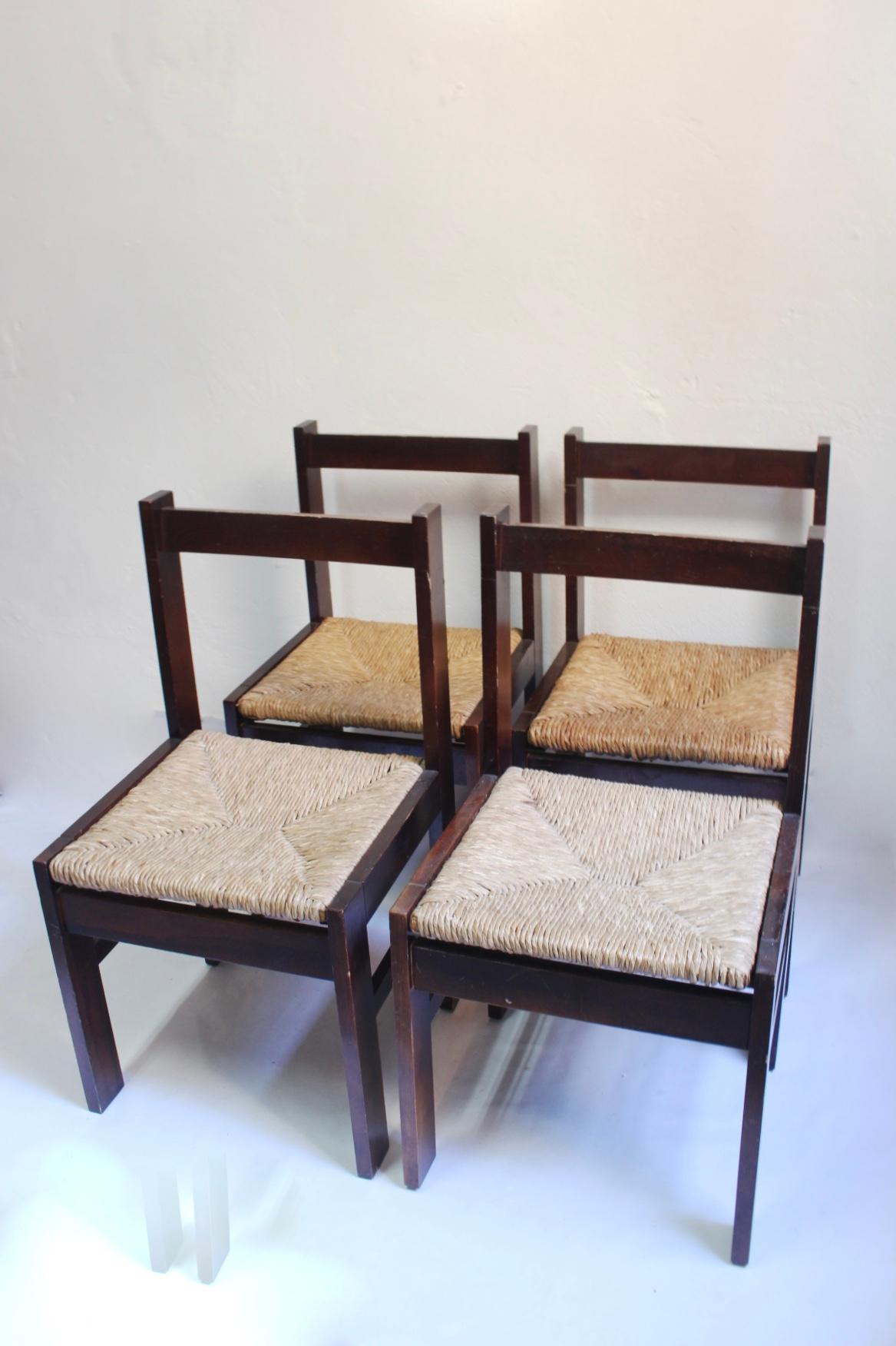 Set of 4 Midcentury Rationalist Rush Woven Dining Chair, 1960s For Sale 3