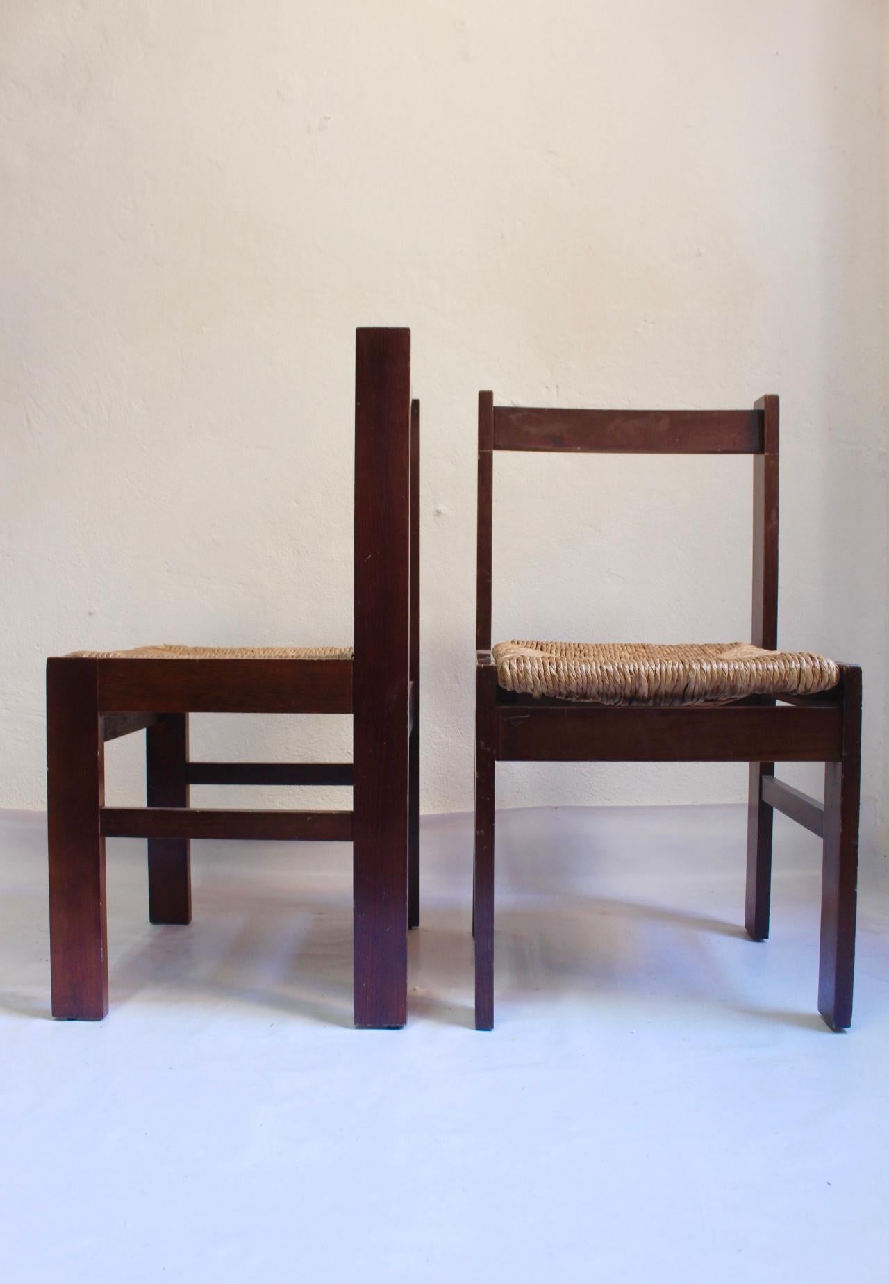 Spanish Set of 4 Midcentury Rationalist Rush Woven Dining Chair, 1960s For Sale