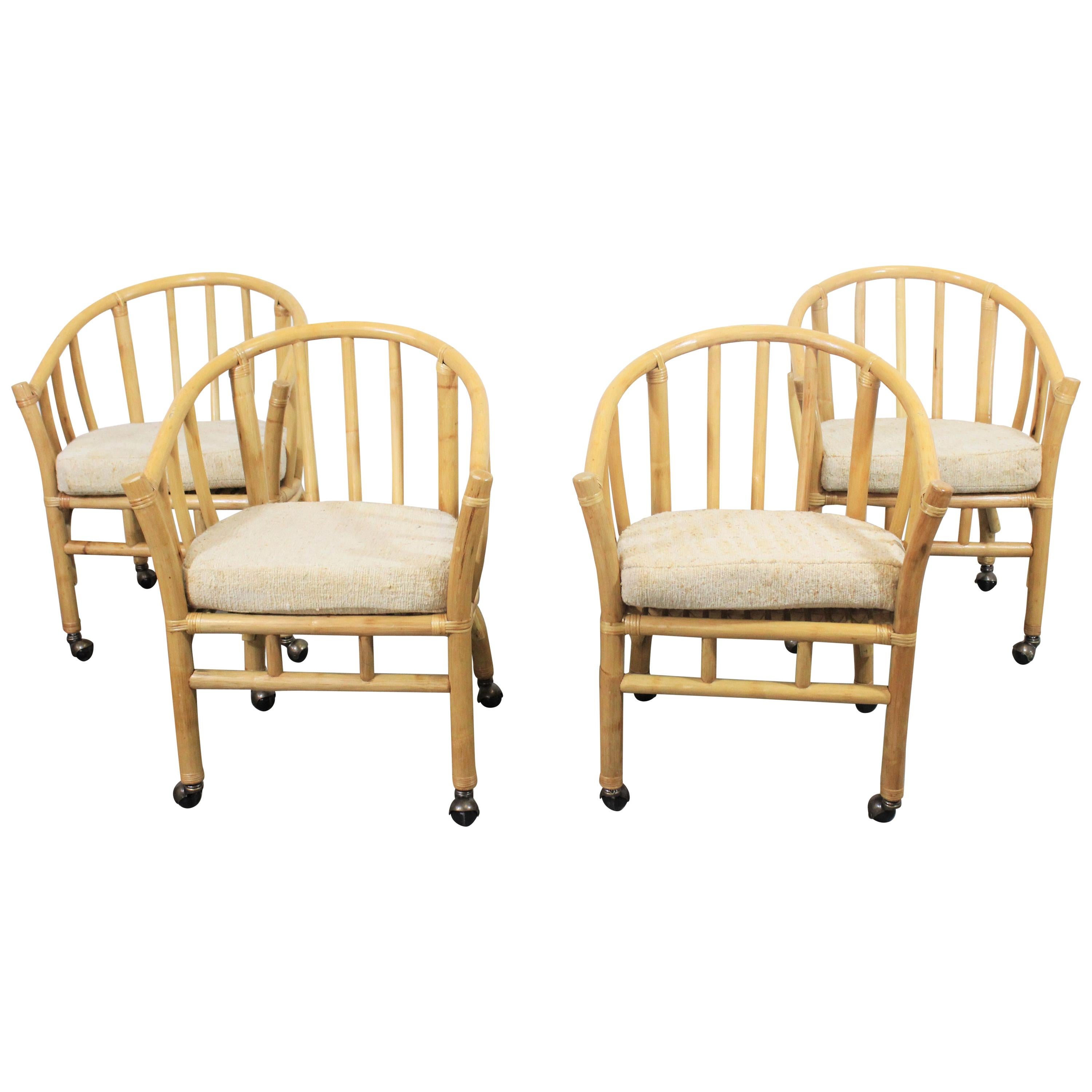 Set of 4 Midcentury Rattan Dining Chairs with Rollers