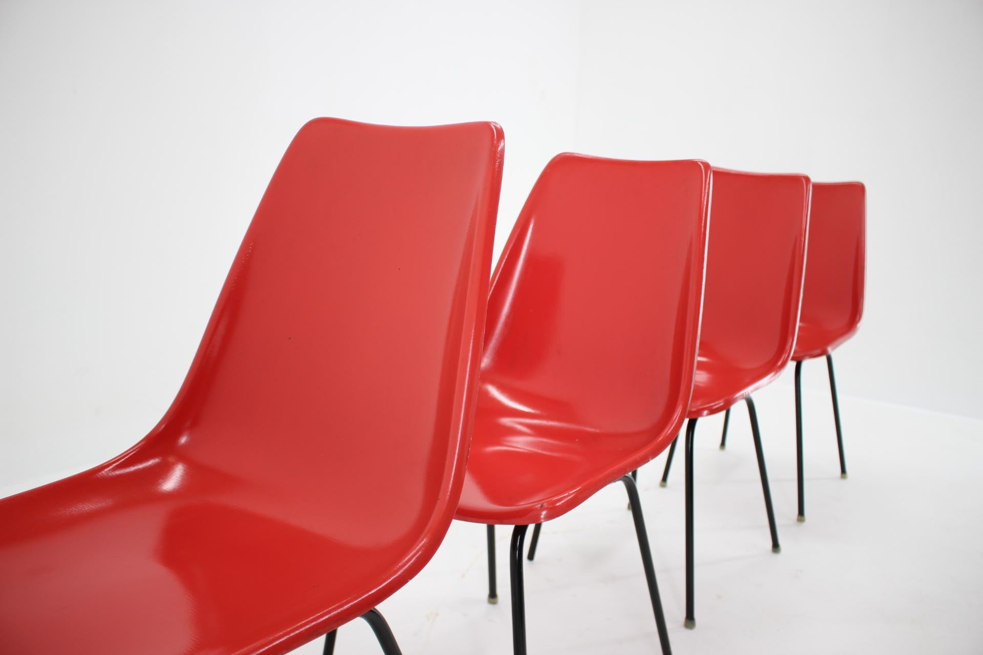 Mid-Century Modern Set of 4 Midcentury Red Design Fiberglass Dining Chairs / Czechoslovakia, 1960s