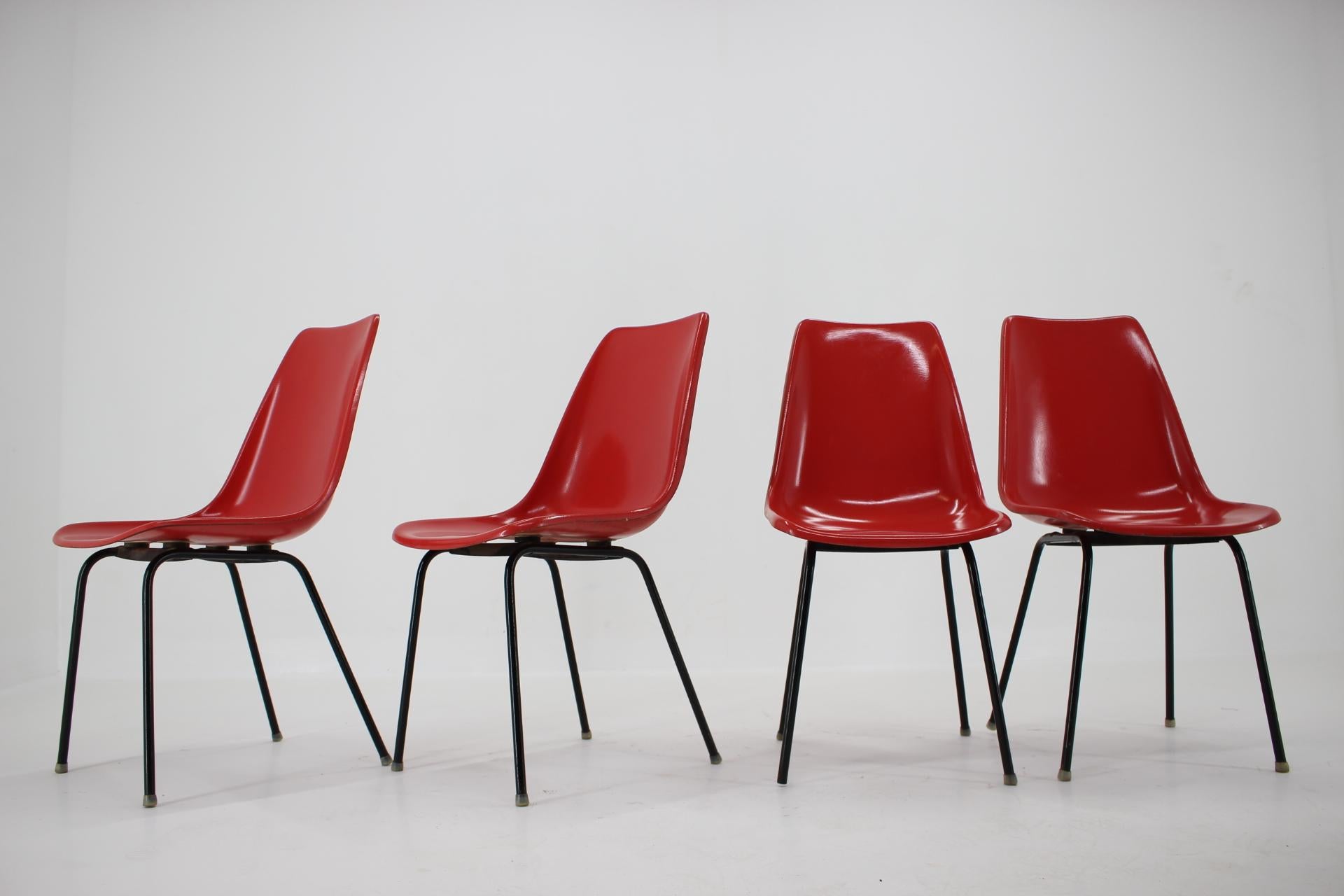 Mid-20th Century Set of 4 Midcentury Red Design Fiberglass Dining Chairs / Czechoslovakia, 1960s