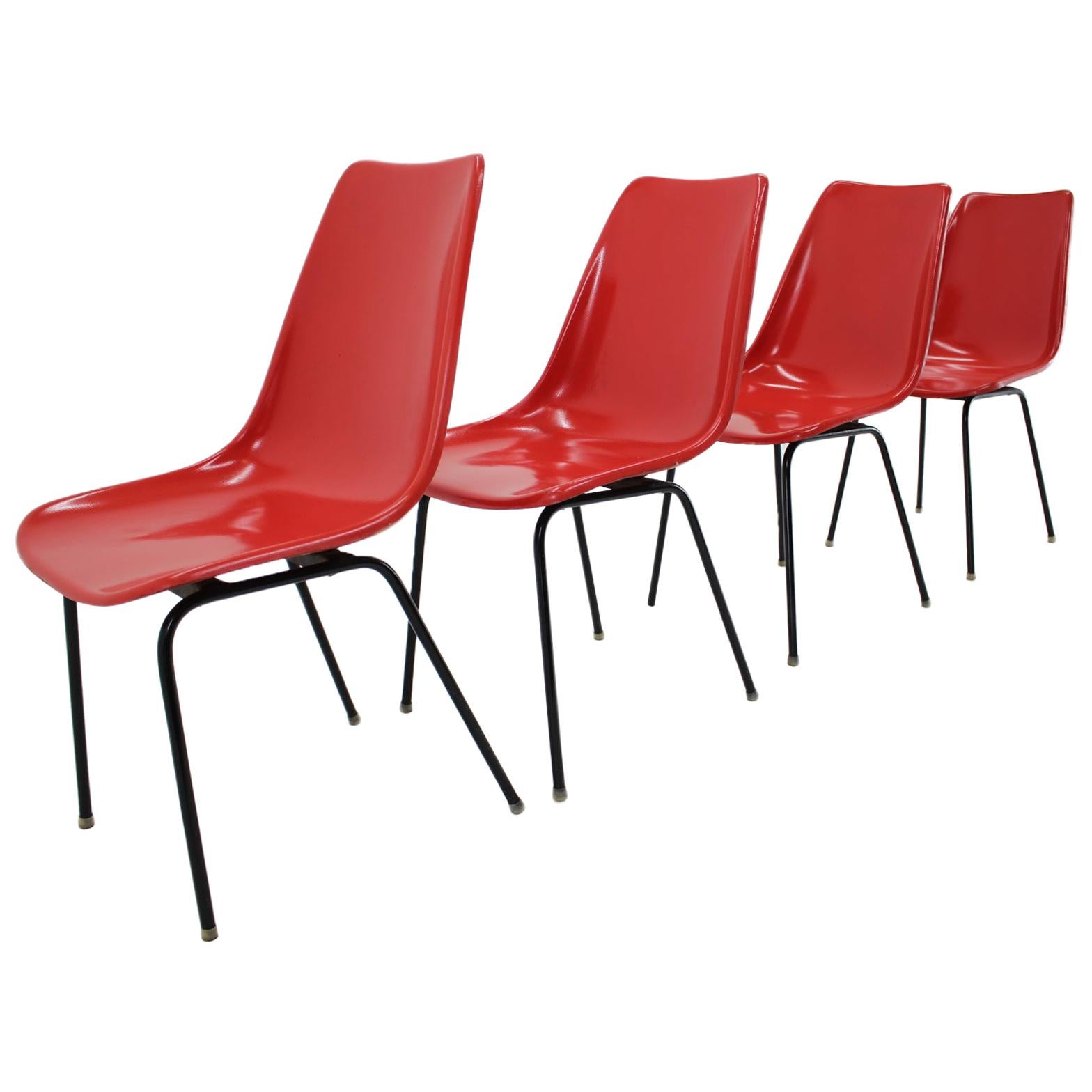 Set of 4 Midcentury Red Design Fiberglass Dining Chairs / Czechoslovakia, 1960s