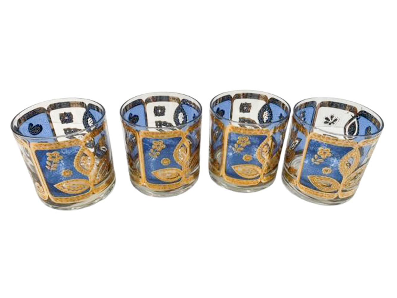 Américain Ensemble de 4 verres Rocks du milieu du siècle par Culver, LTD, motif floral bleu et or en vente