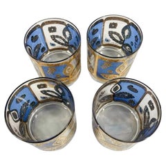 Set di 4 bicchieri Rocks di metà secolo di Culver, LTD., motivo floreale blu e oro