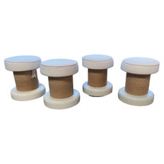 Set of 4 Mid-Century Rope & Wood Stool Adrien Audoux & Frida Minet