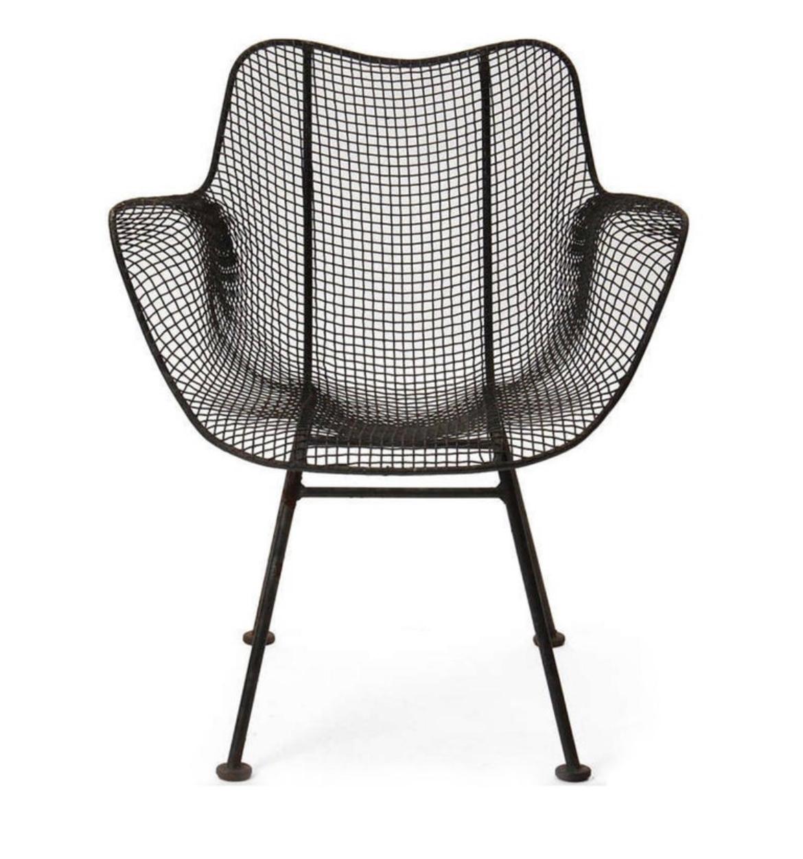 Set of (4) mid-century Russell Woodard sculptura mesh organically sculpted Patio armchairs. Very Iconic Designed outdoor Patio Chairs. All chairs are original Circa 1960 - they have been repainted with an outdoor black Satin paint. Chairs are