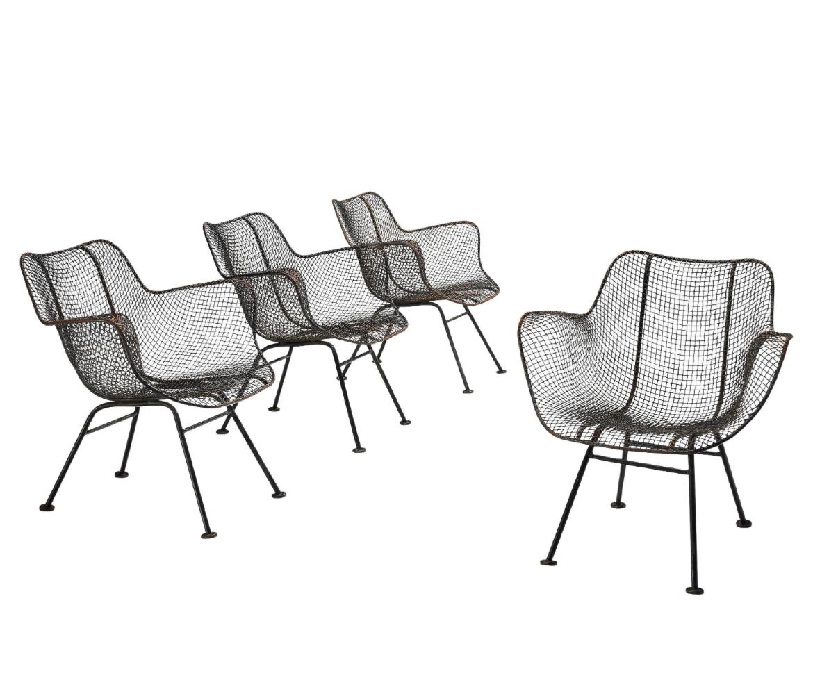 Welded Set of '4' Mid-Century Russell Woodard Sculptura Mesh Sculpted Patio Armchairs For Sale