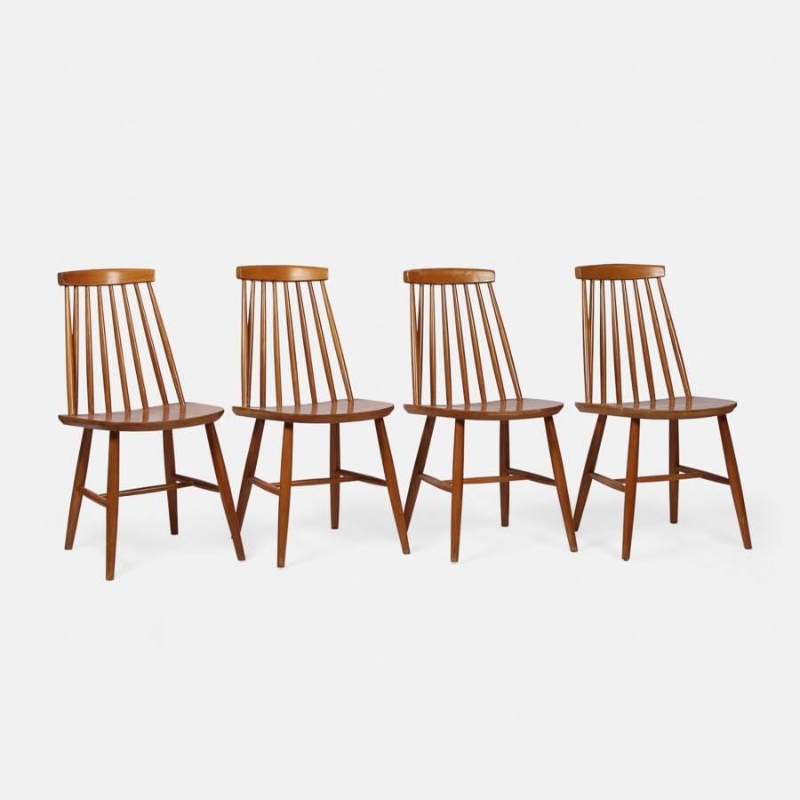Beech Set of Four Midcentury Spindle Back Chairs For Sale