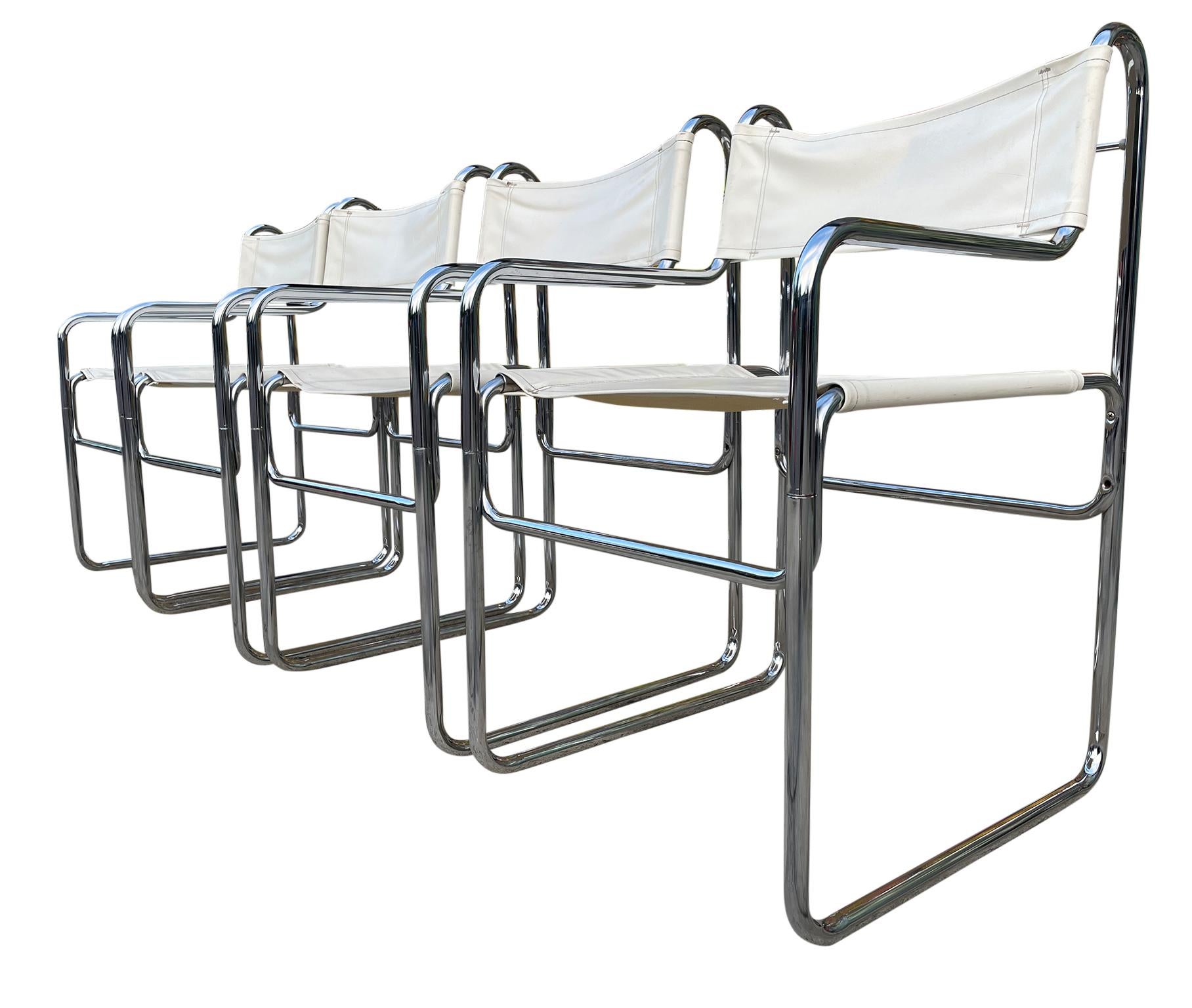 Late 20th Century Set of 4 Mid Century Tubular Chrome Faux White Leather Sling Dining Chairs