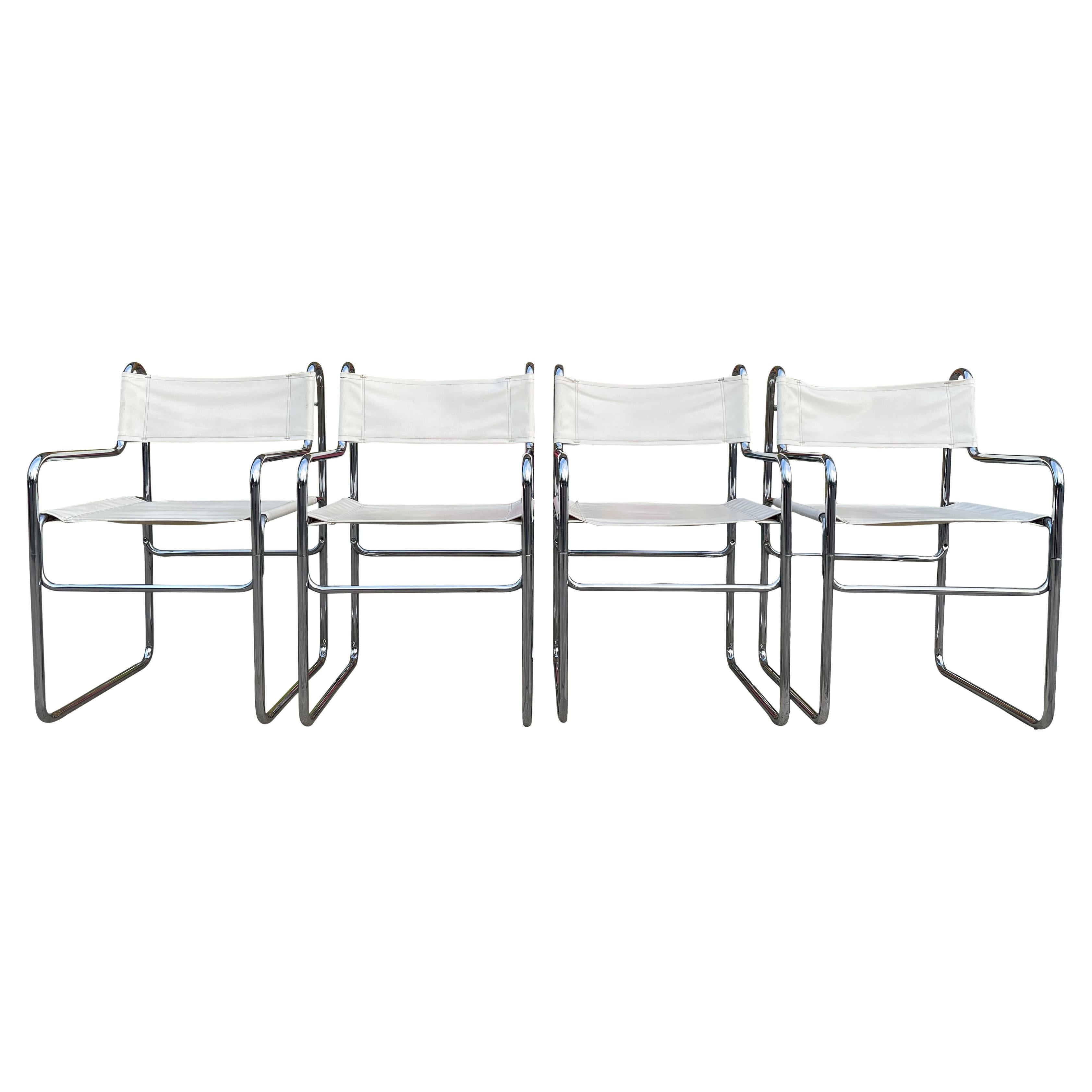 Set of 4 Mid Century Tubular Chrome Faux White Leather Sling Dining Chairs
