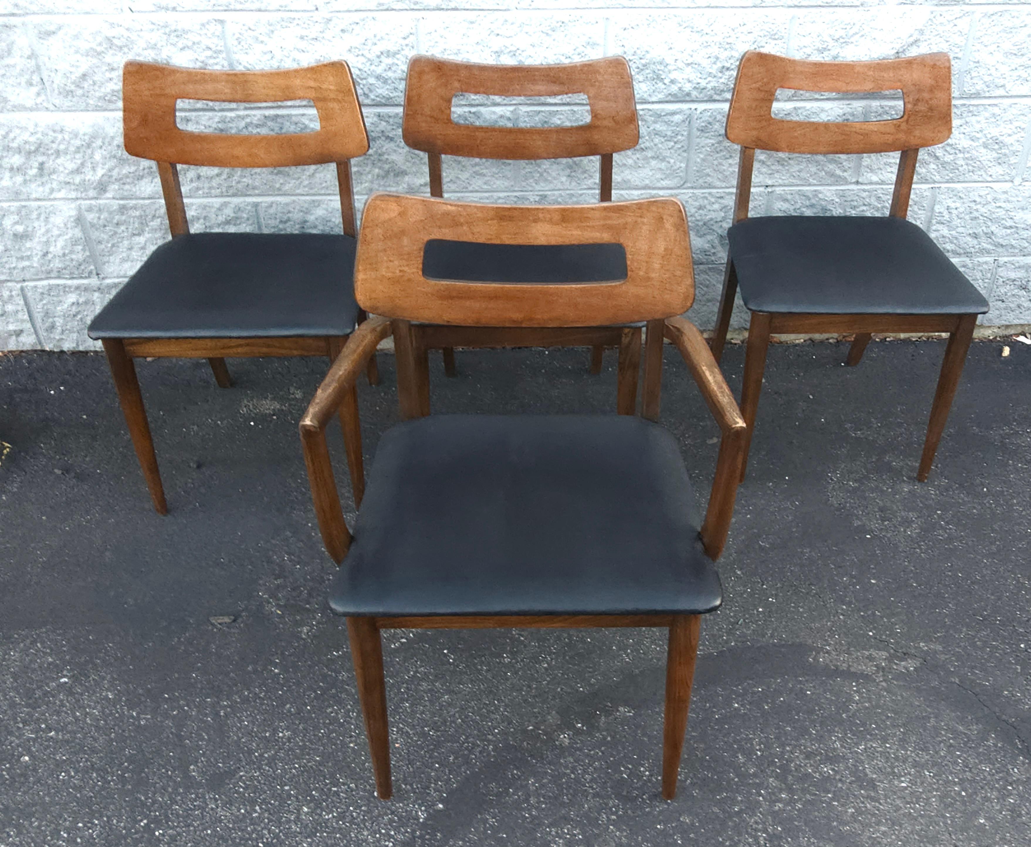 Set of 4 Mid Century Walnut and Vinyl Seat Upholstered Chairs For Sale 6