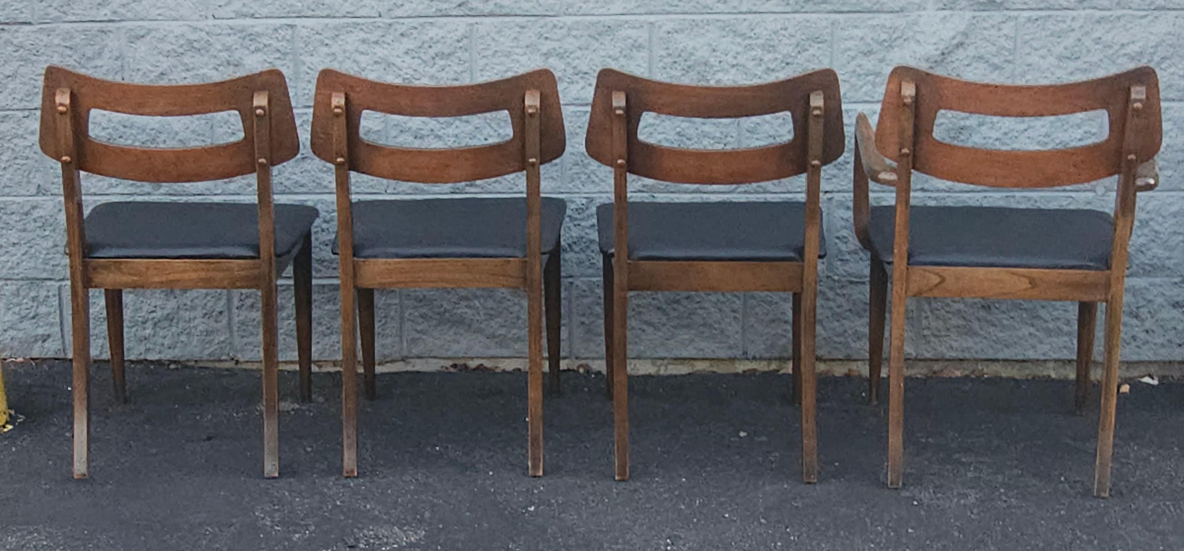 Hand-Crafted Set of 4 Mid Century Walnut and Vinyl Seat Upholstered Chairs For Sale