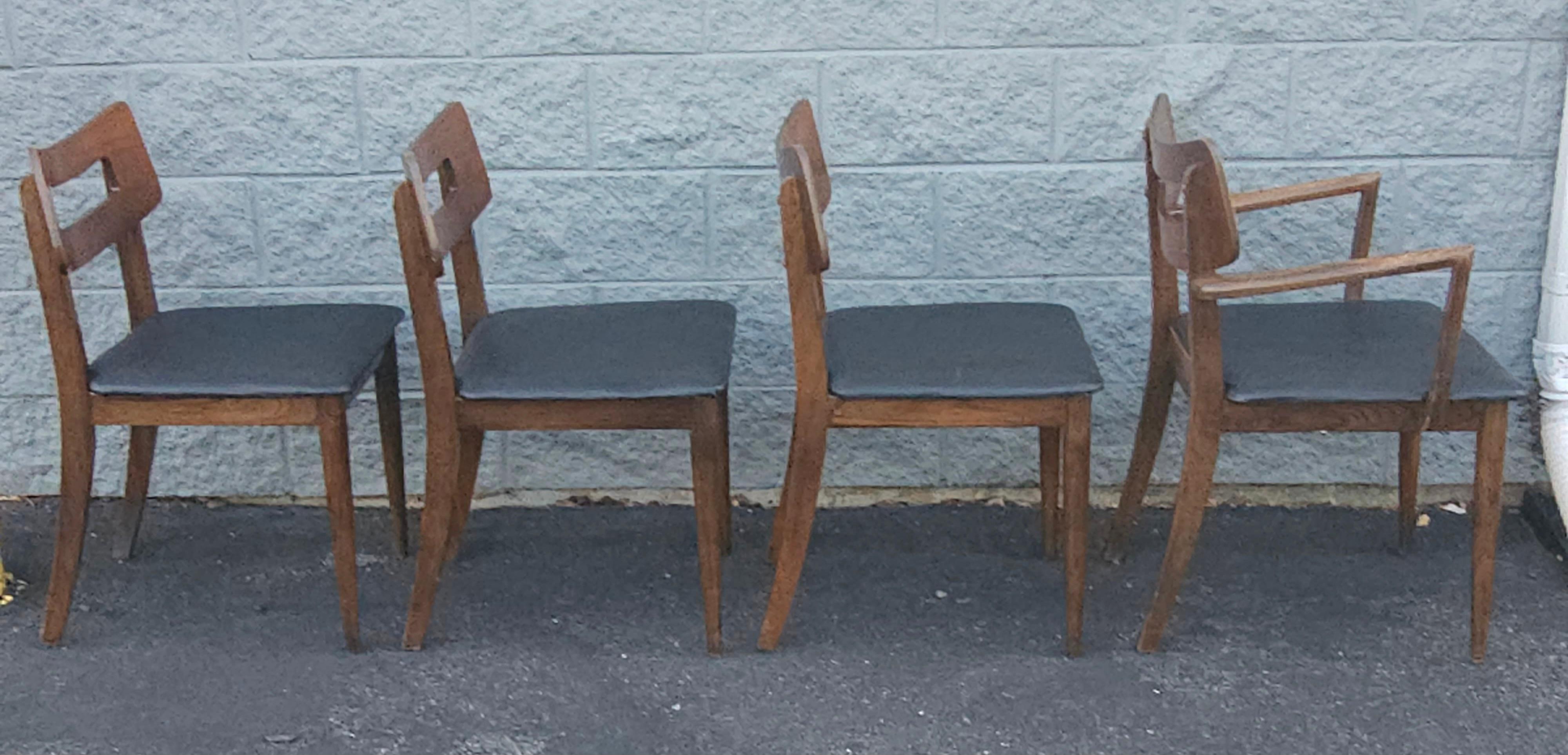 20th Century Set of 4 Mid Century Walnut and Vinyl Seat Upholstered Chairs For Sale