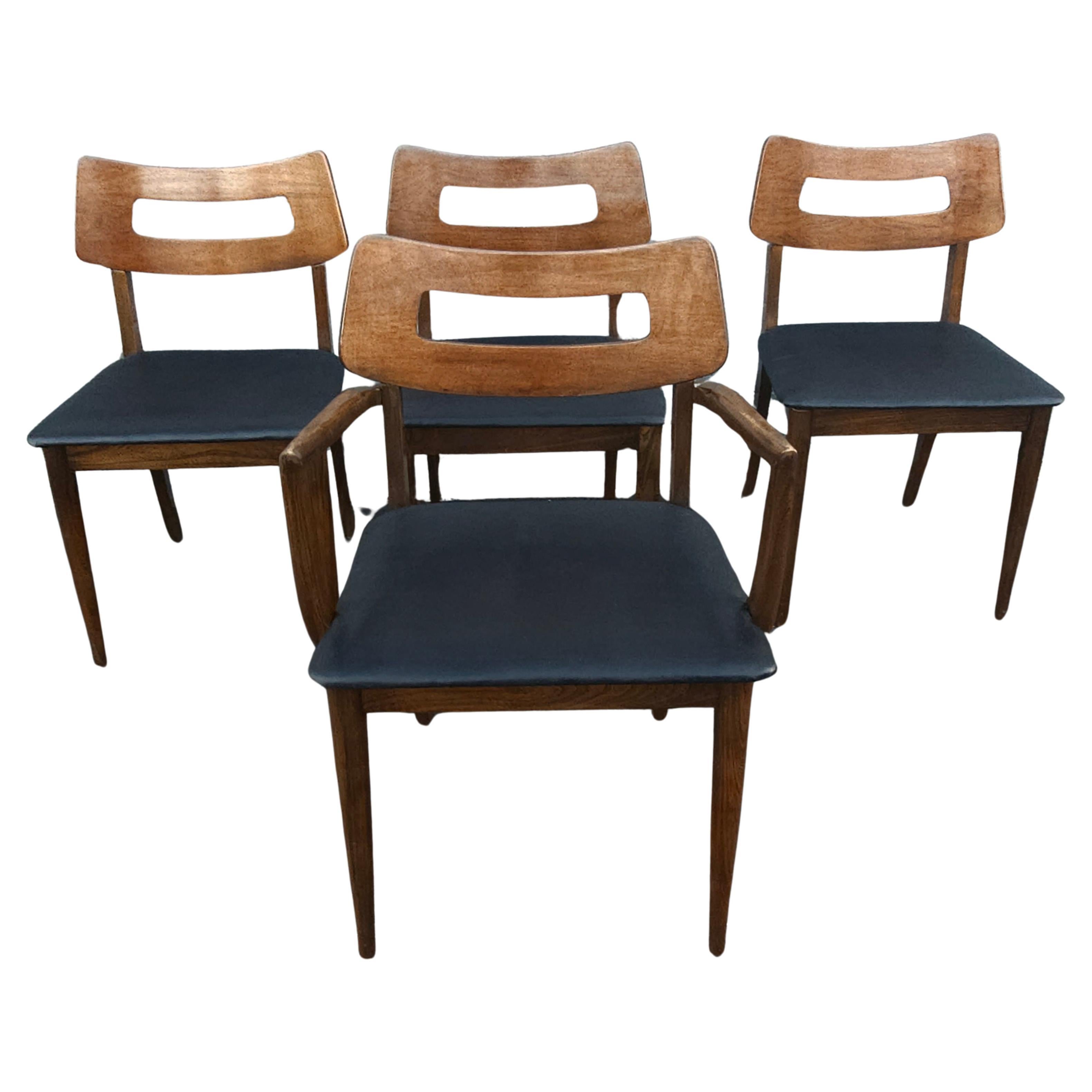 Set of 4 Mid Century Walnut and Vinyl Seat Upholstered Chairs For Sale