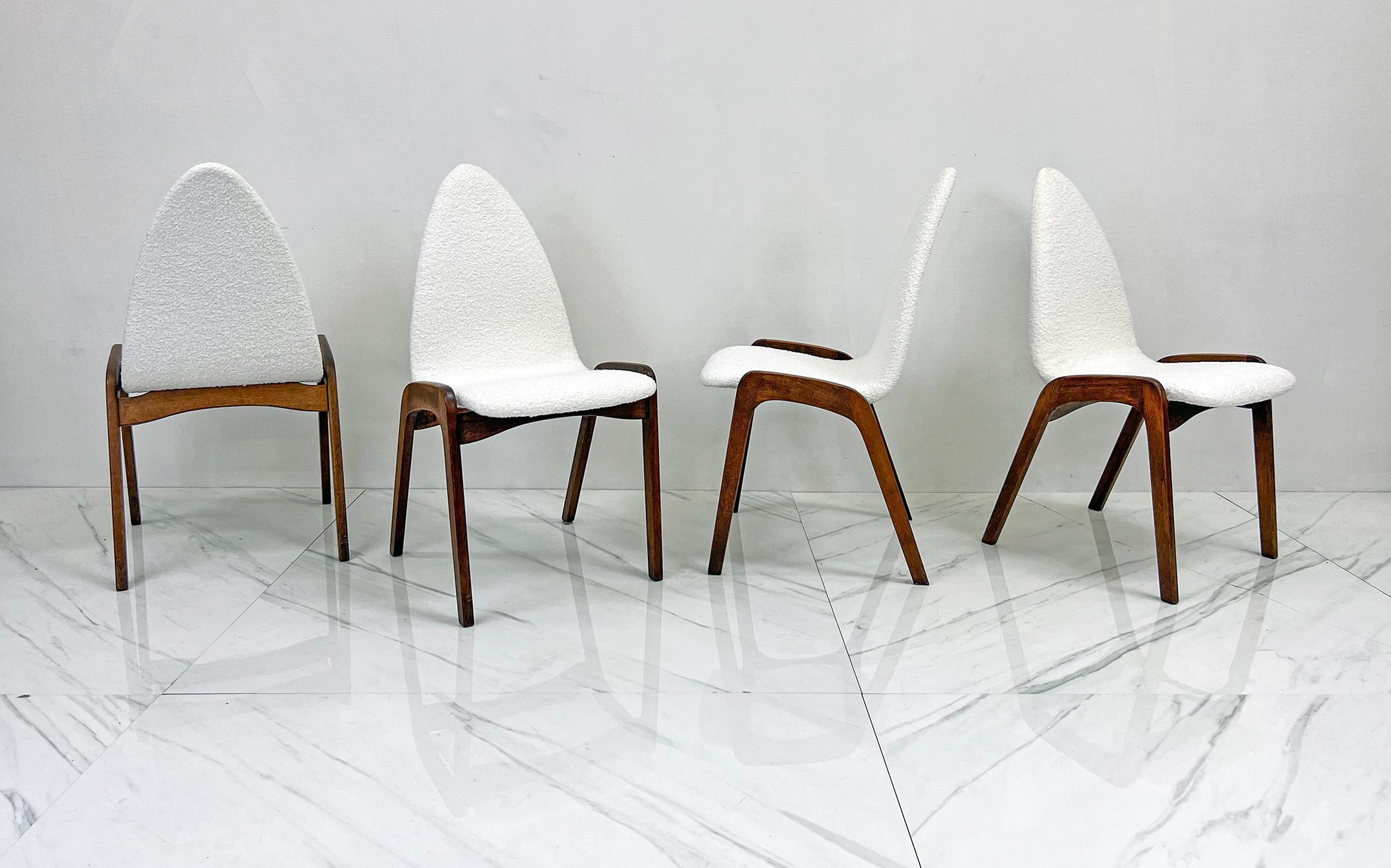Mid-Century Modern Set of 4 Mid Century Walnut Dining Chairs By Chet Beardsley in White Boucle For Sale