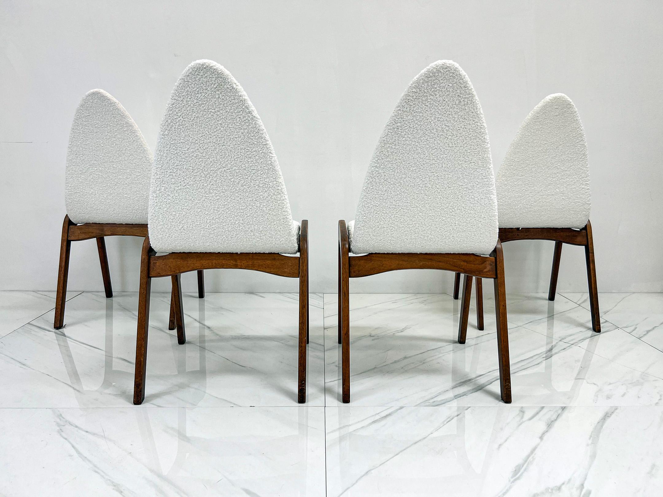 Mid-20th Century Set of 4 Mid Century Walnut Dining Chairs By Chet Beardsley in White Boucle For Sale