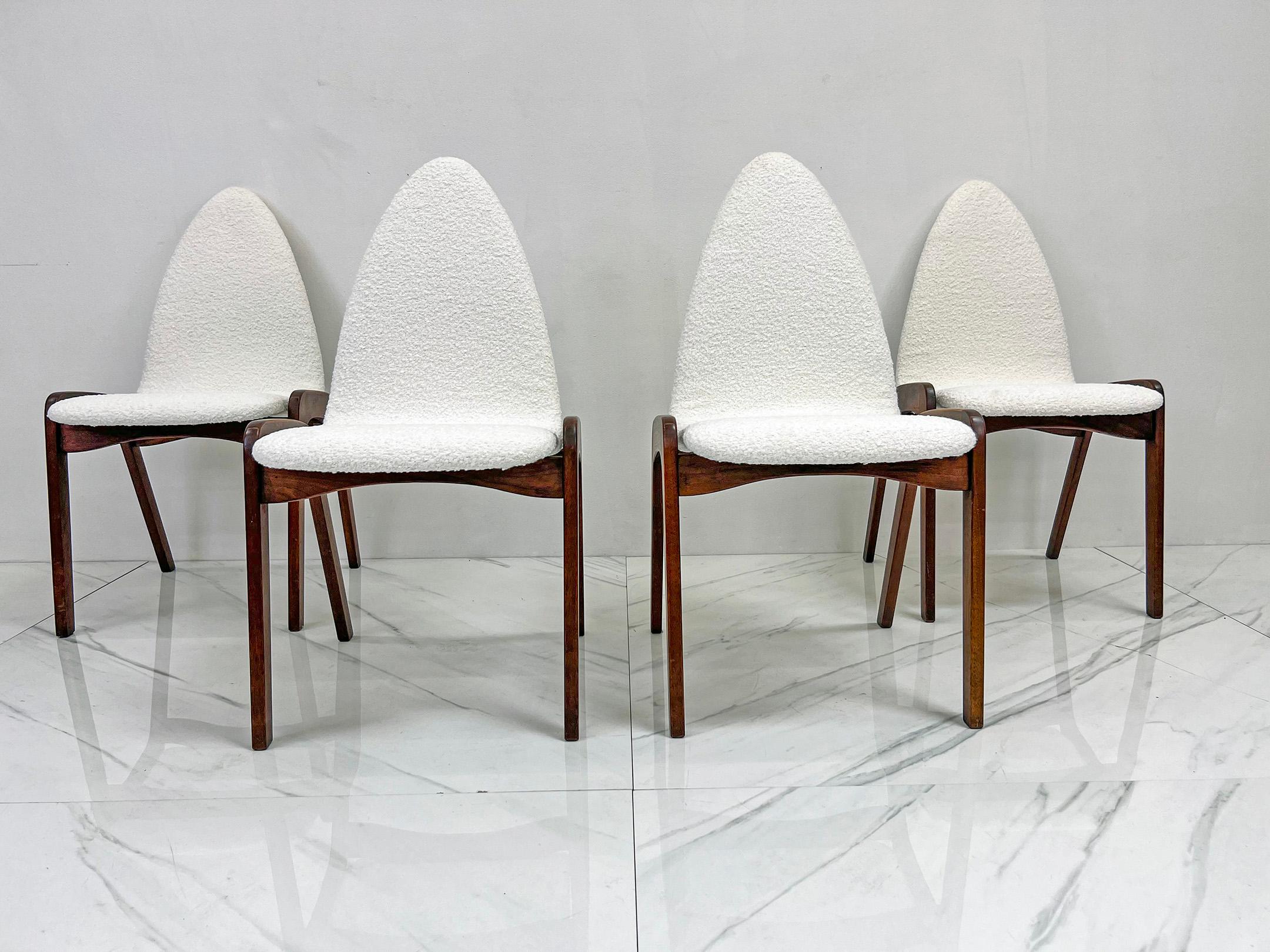 Bouclé Set of 4 Mid Century Walnut Dining Chairs By Chet Beardsley in White Boucle For Sale