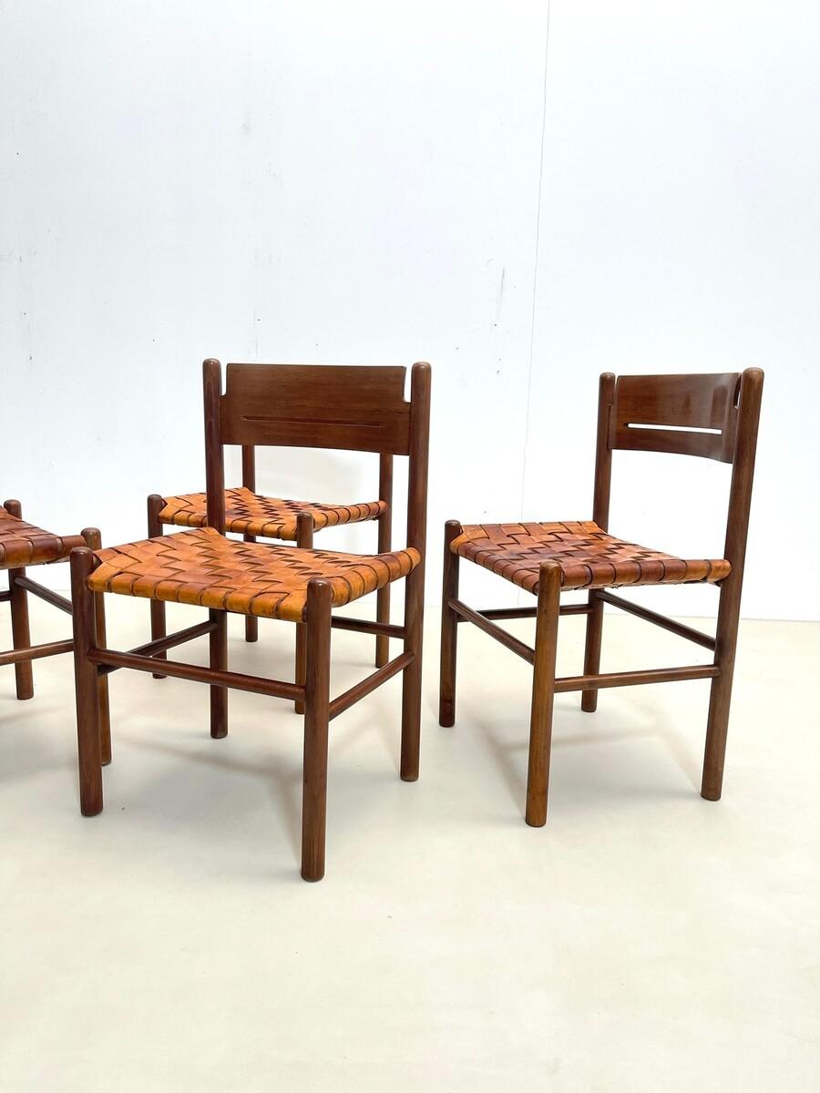 Set of 4 Mid-Century Wood and Leather Dining Chairs, Italy, 1960s For Sale 6