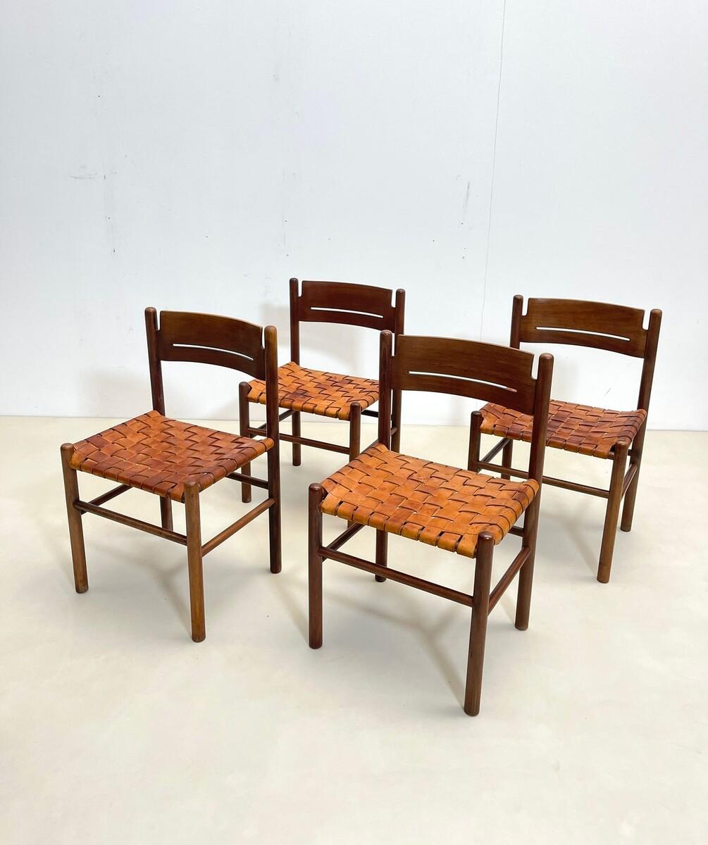 Set of 4 Mid-Century Wood and Leather Dining Chairs, Italy, 1960s For Sale 8