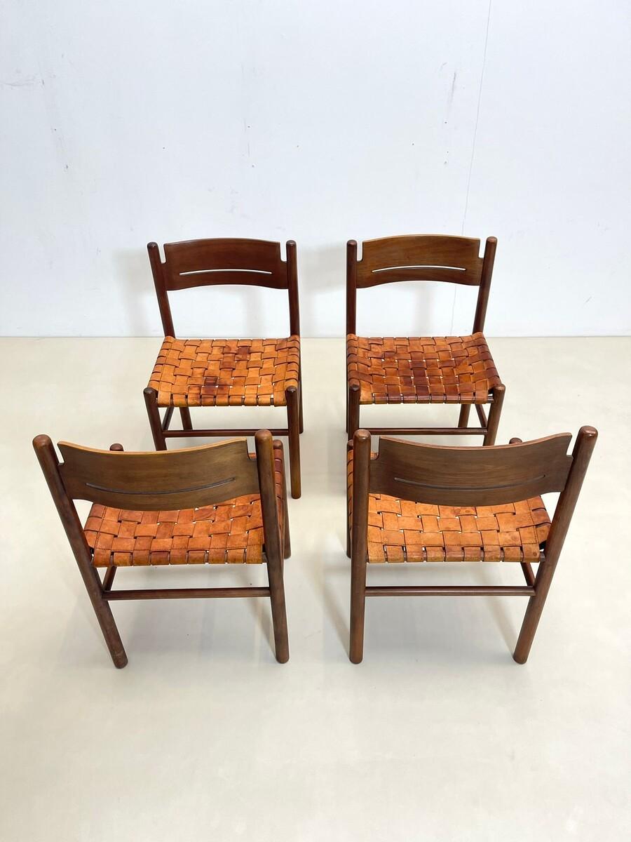 Mid-20th Century Set of 4 Mid-Century Wood and Leather Dining Chairs, Italy, 1960s For Sale