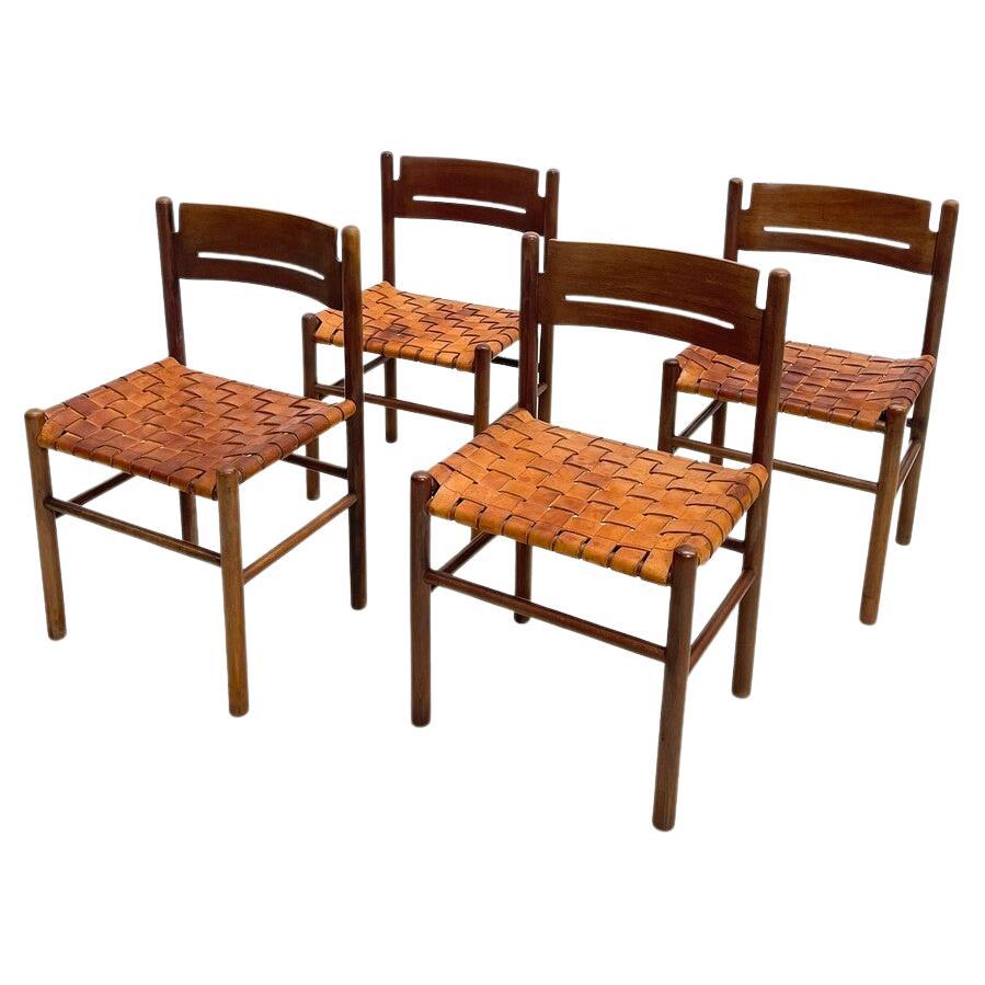 Ensemble de 4 chaises de salle à manger en bois et cuir du milieu du siècle, Italie, années 1960