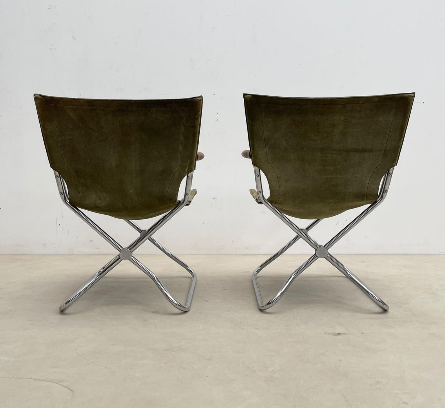 Set of 4 Mid-Century Wood Metal and Green Canvas Folding Armchairs For Sale 5
