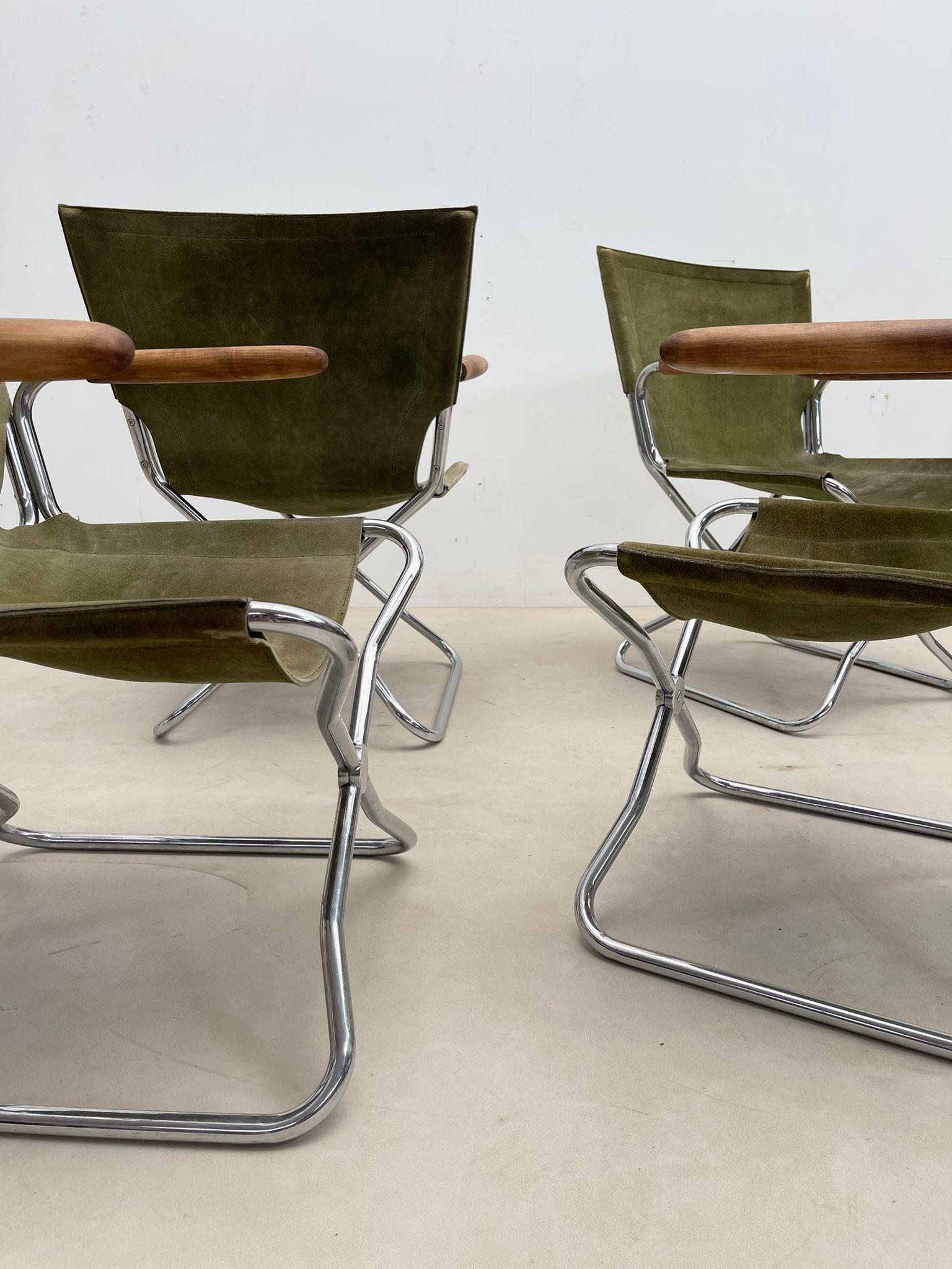 Set of 4 Mid-Century Wood Metal and Green Canvas Folding Armchairs For Sale 6