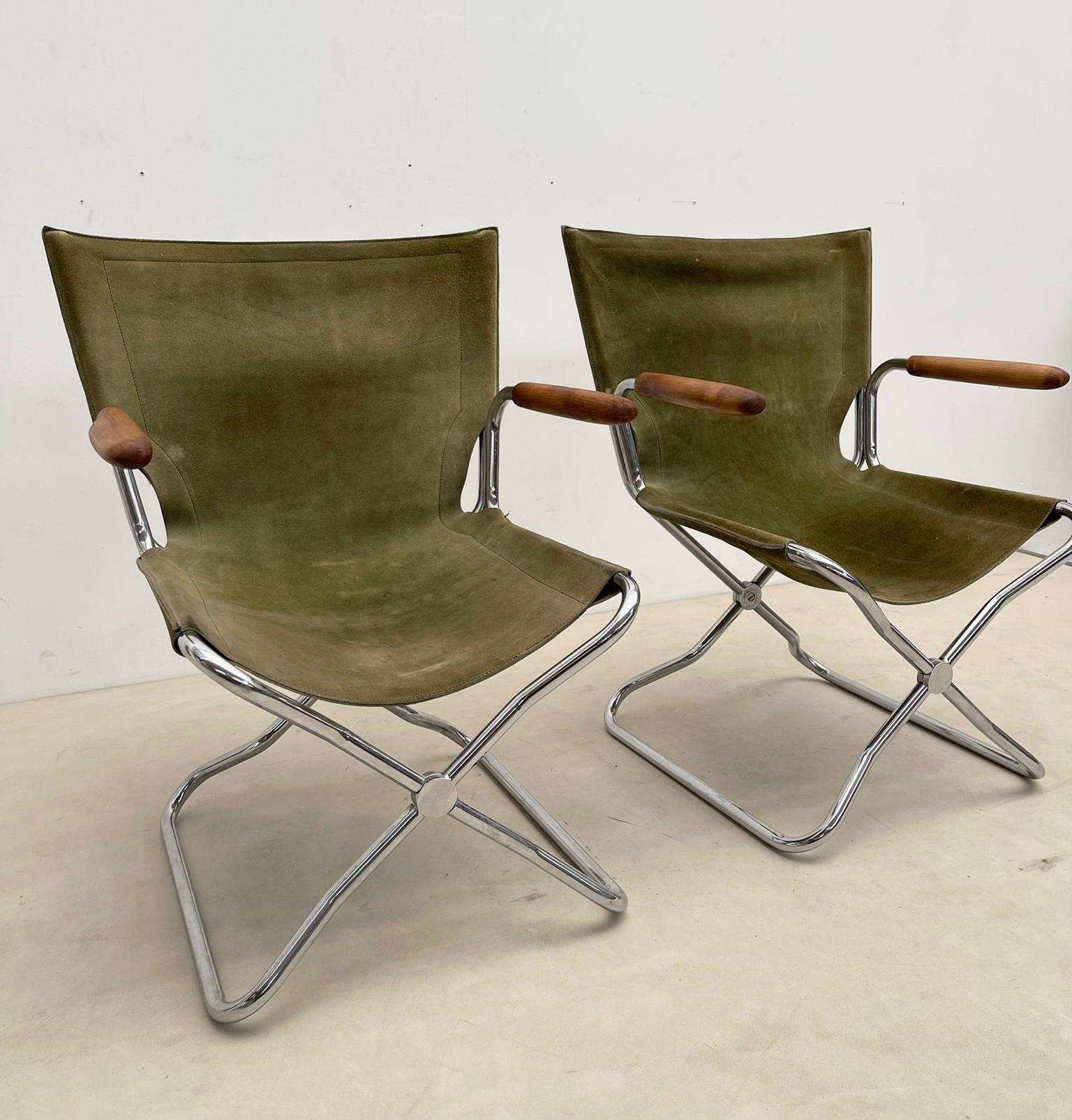 Set of 4 Mid-Century Wood Metal and Green Canvas Folding Armchairs For Sale 8