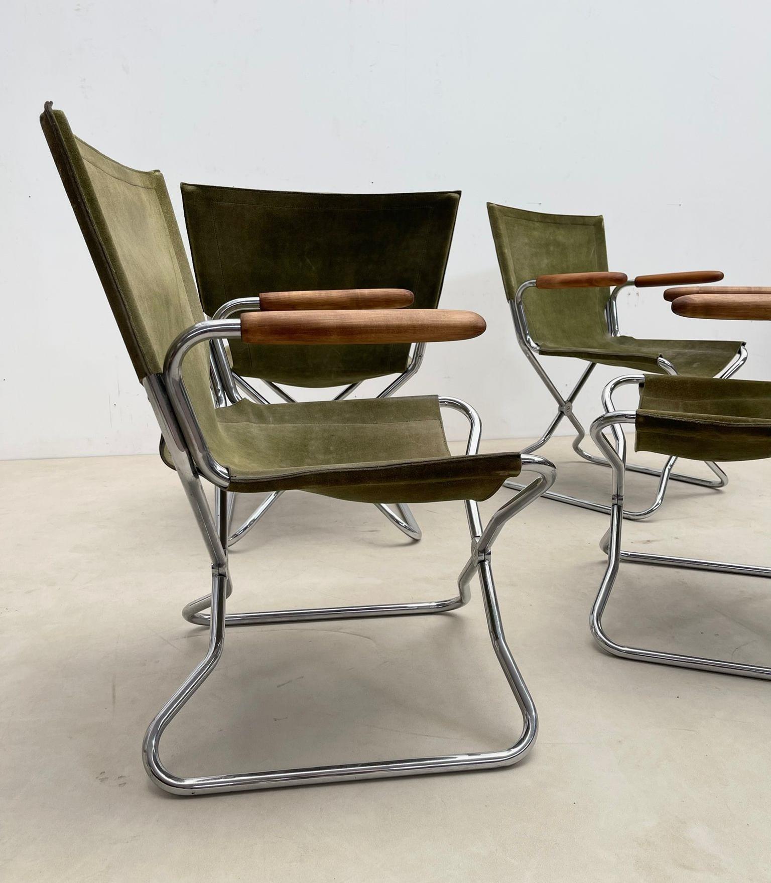 Set of 4 Mid-Century Wood Metal and Green Canvas Folding Armchairs For Sale 9