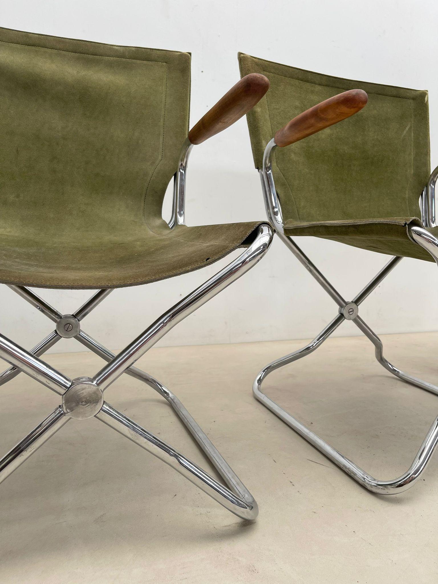 Set of 4 Mid-Century Wood Metal and Green Canvas Folding Armchairs For Sale 10