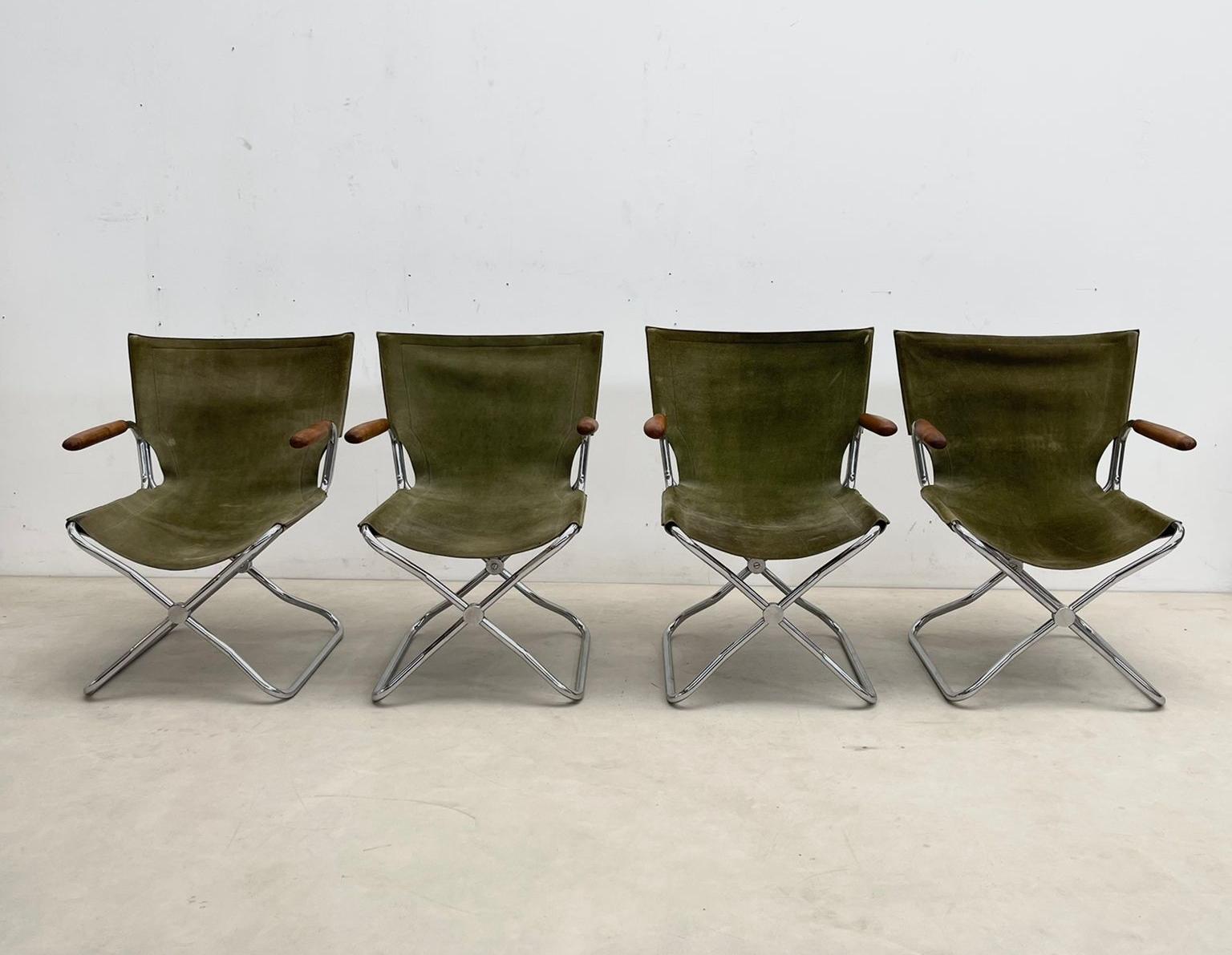 Set of 4 Mid-Century Wood Metal and Green Canvas Folding Armchairs For Sale 11