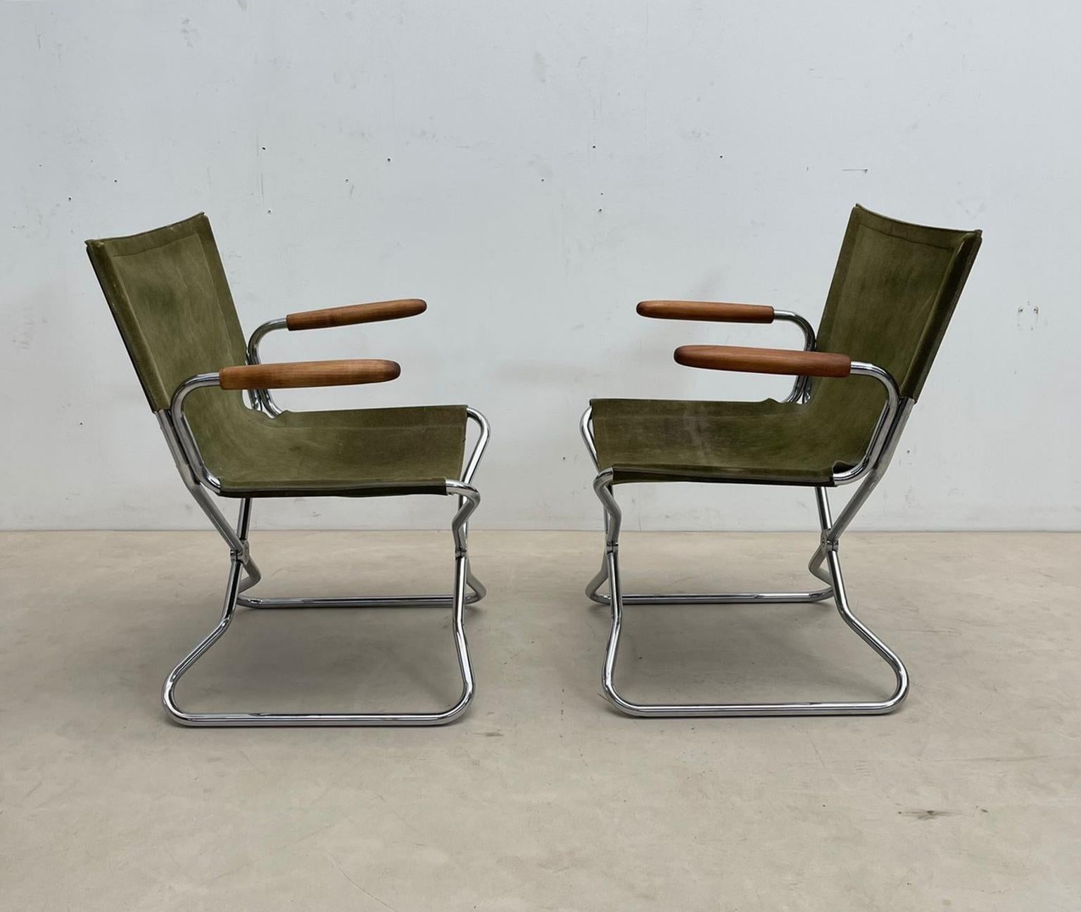 Set of 4 Mid-Century Wood Metal and Green Canvas Folding Armchairs For Sale 12