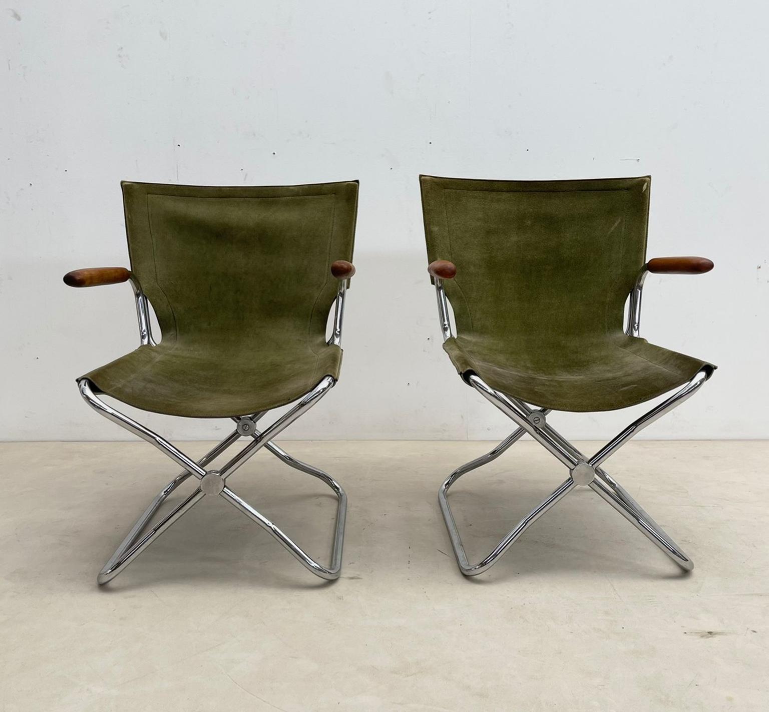 Set of 4 Mid-Century Wood Metal and Green Canvas Folding Armchairs For Sale 13