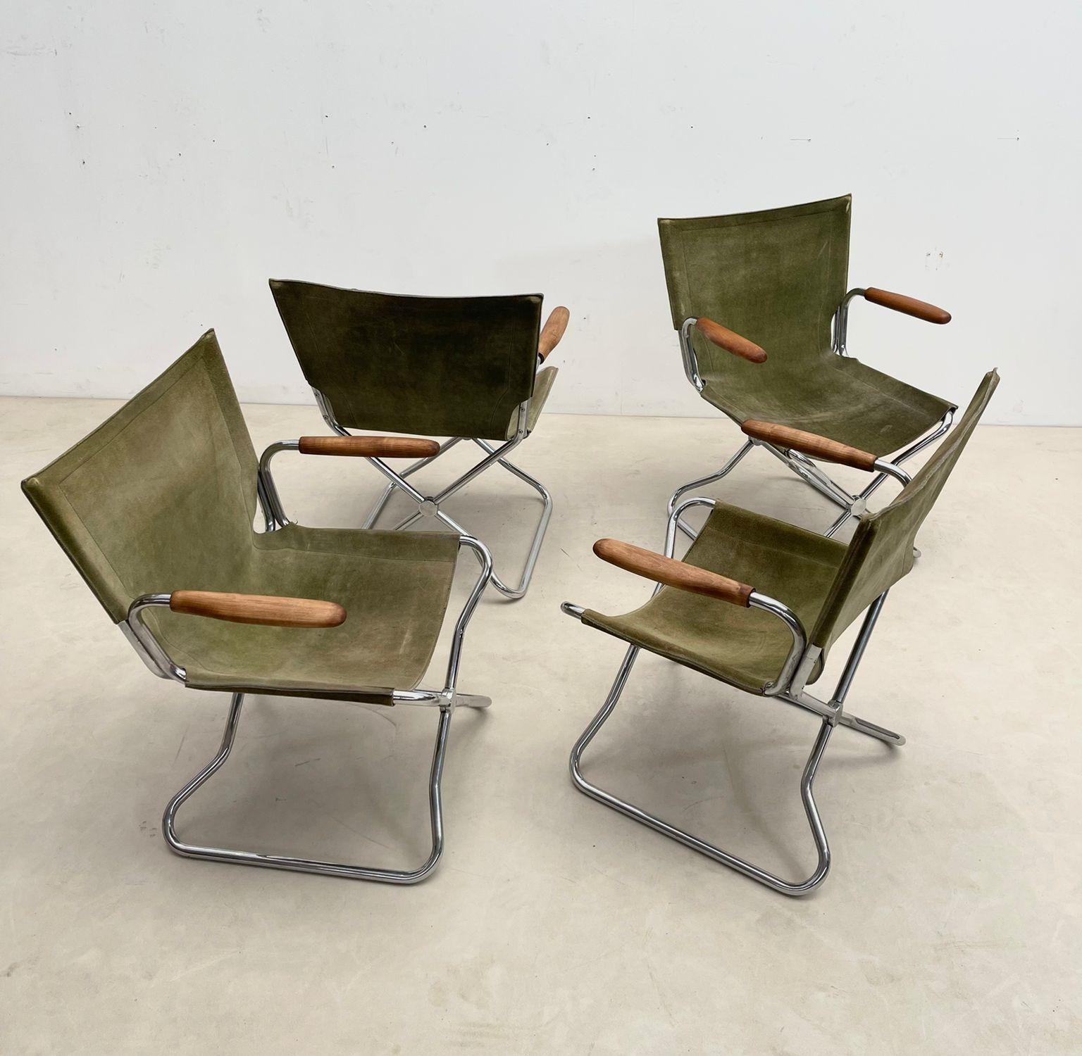 Belgian Set of 4 Mid-Century Wood Metal and Green Canvas Folding Armchairs For Sale