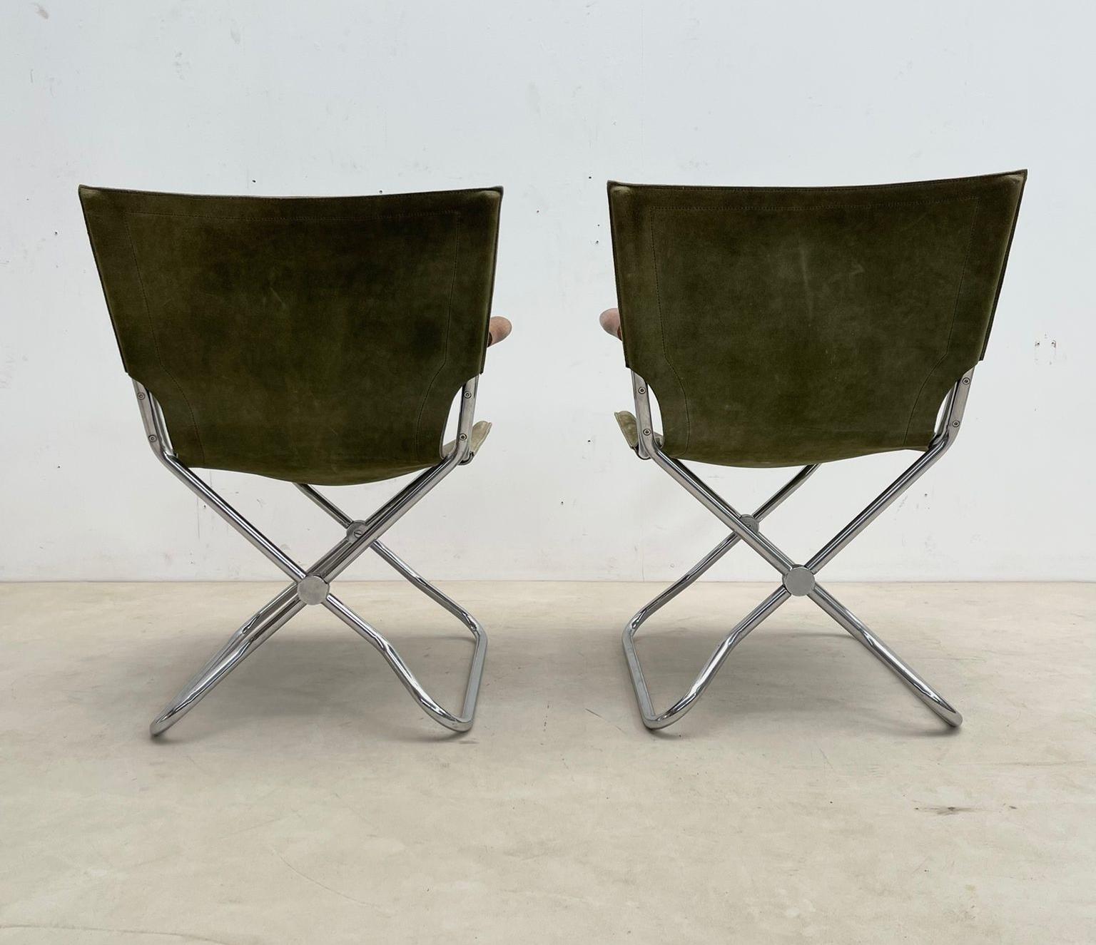 Set of 4 Mid-Century Wood Metal and Green Canvas Folding Armchairs In Good Condition For Sale In Brussels, BE