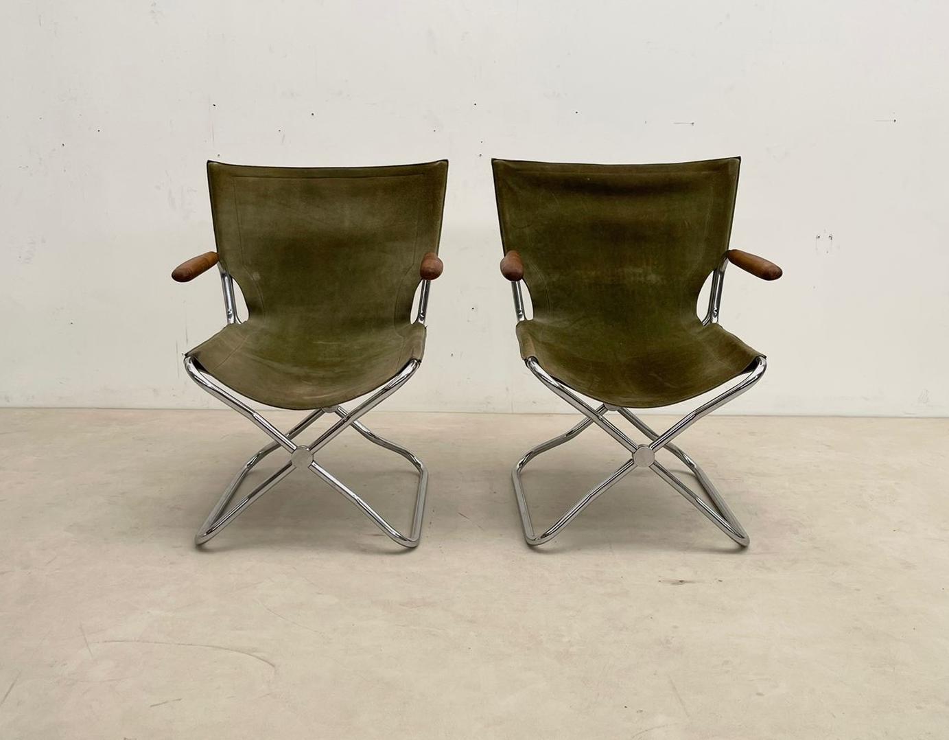 Late 20th Century Set of 4 Mid-Century Wood Metal and Green Canvas Folding Armchairs For Sale