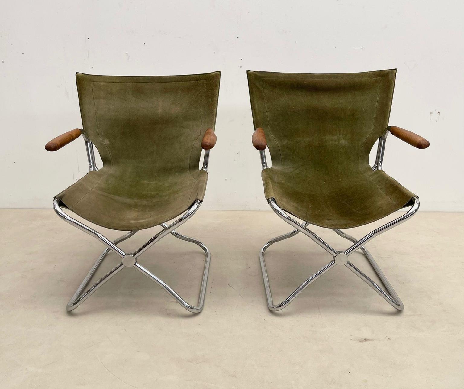 Set of 4 Mid-Century Wood Metal and Green Canvas Folding Armchairs For Sale 1