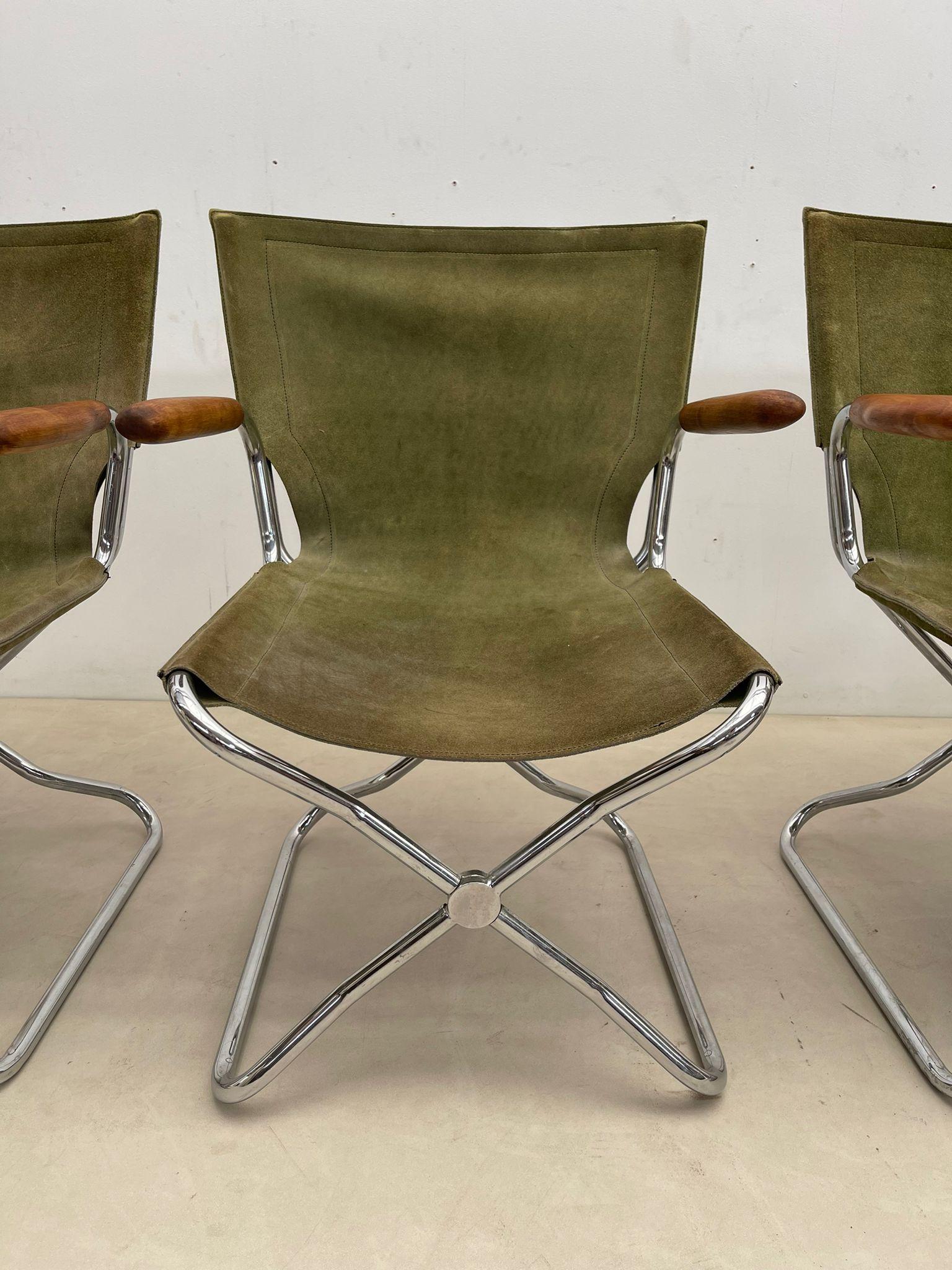 Set of 4 Mid-Century Wood Metal and Green Canvas Folding Armchairs For Sale 2