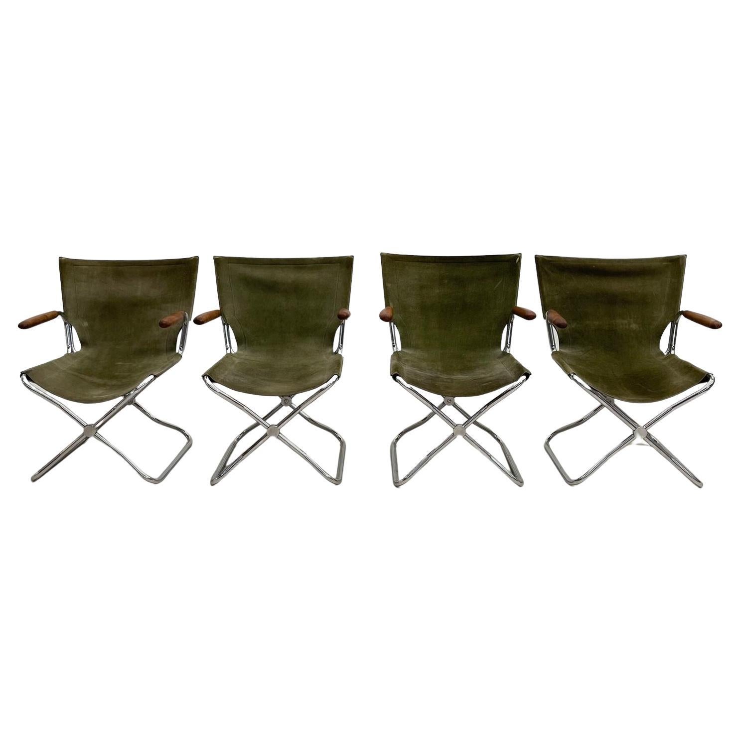 Ensemble de 4 fauteuils pliants en bois, métal et toile verte du milieu du siècle dernier