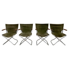 Set von 4 klappbaren Sesseln aus Holz, Metall und grünem Segeltuch aus der Mitte des Jahrhunderts