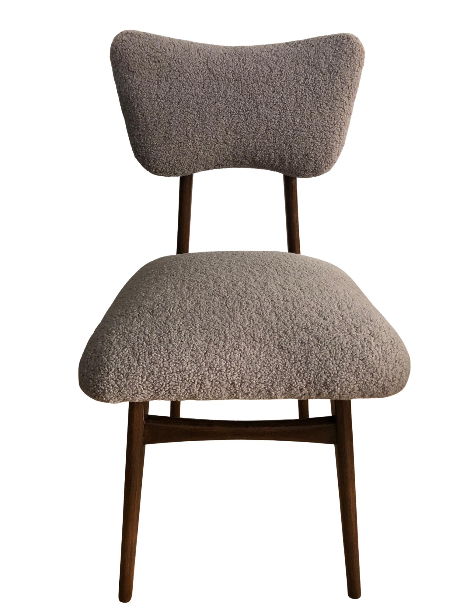 Unique set of eight chairs manufactured in Poland in the 1960s, designed by Rajmund Halas. 

The upholstery is made of pleasant to touch boucle textile. It is high quality and durable italian fabric in a warm taupe (light grey light beige) color.