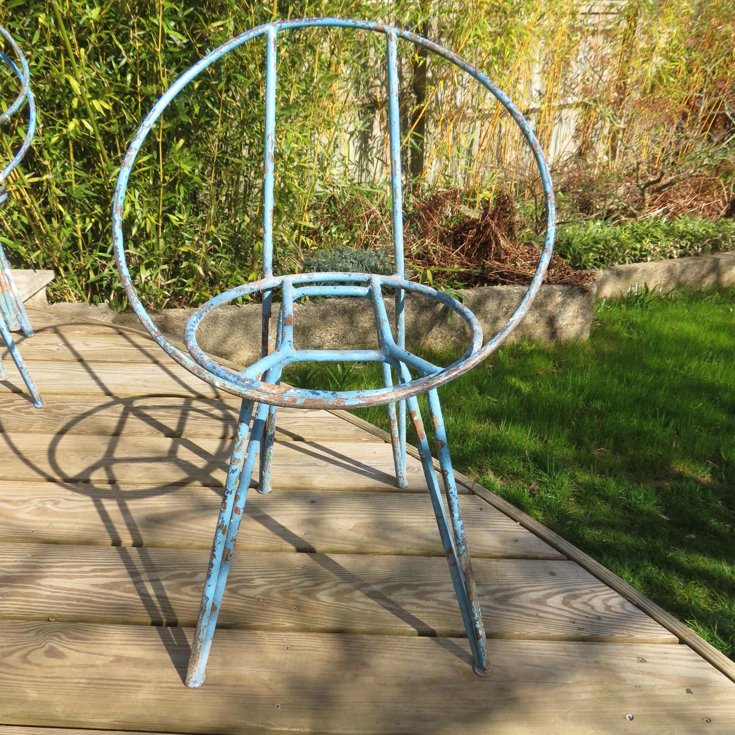 Set of 4 Midcentury Blue Patinated Metal Garden Chairs from the 1950s 4