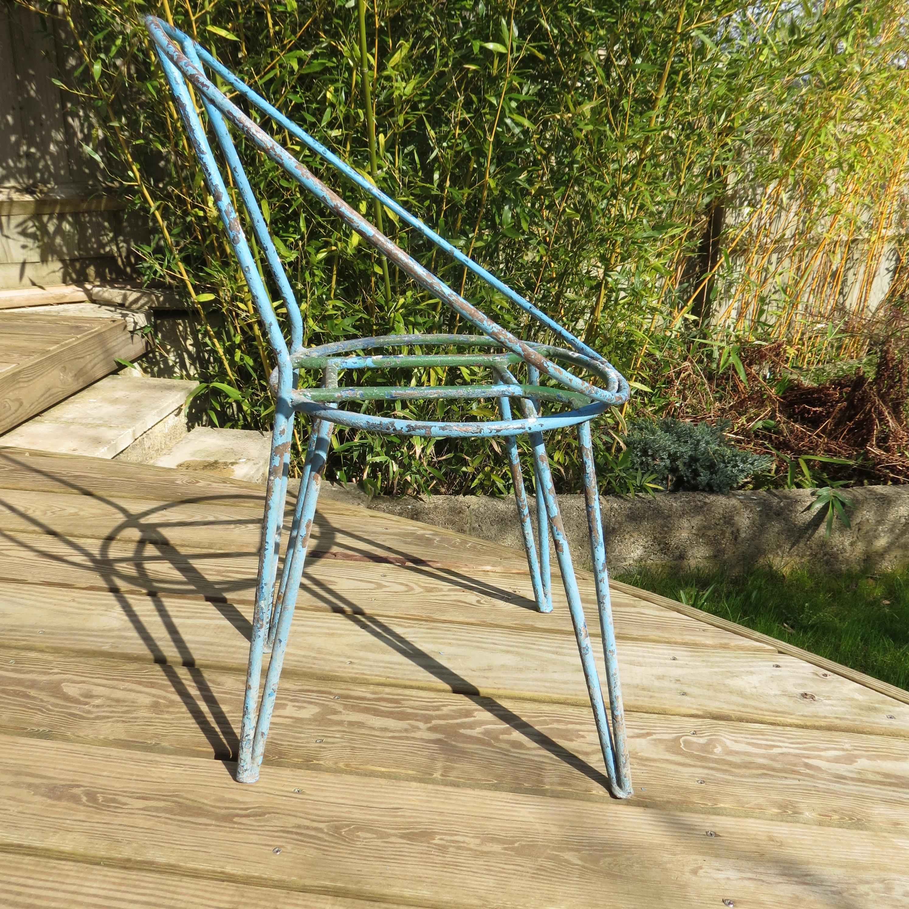 German Set of 4 Midcentury Blue Patinated Metal Garden Chairs from the 1950s